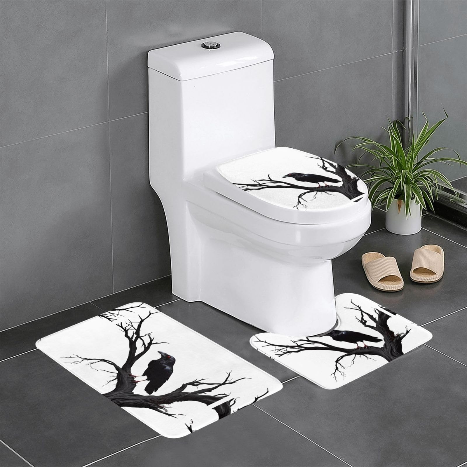 Tapis de bain antidérapants lot de 3 absorbants motif corbeau 61x40cm