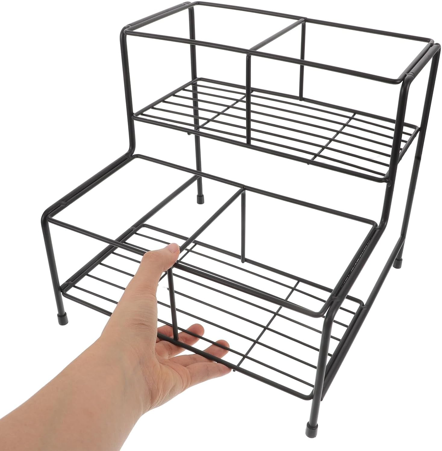 Coffee Syrup Rack Organizer with Double Layer Four Compartments, Black Syrup Bottle Stand Holder for Coffee Bar and Kitchen Countertop Storage