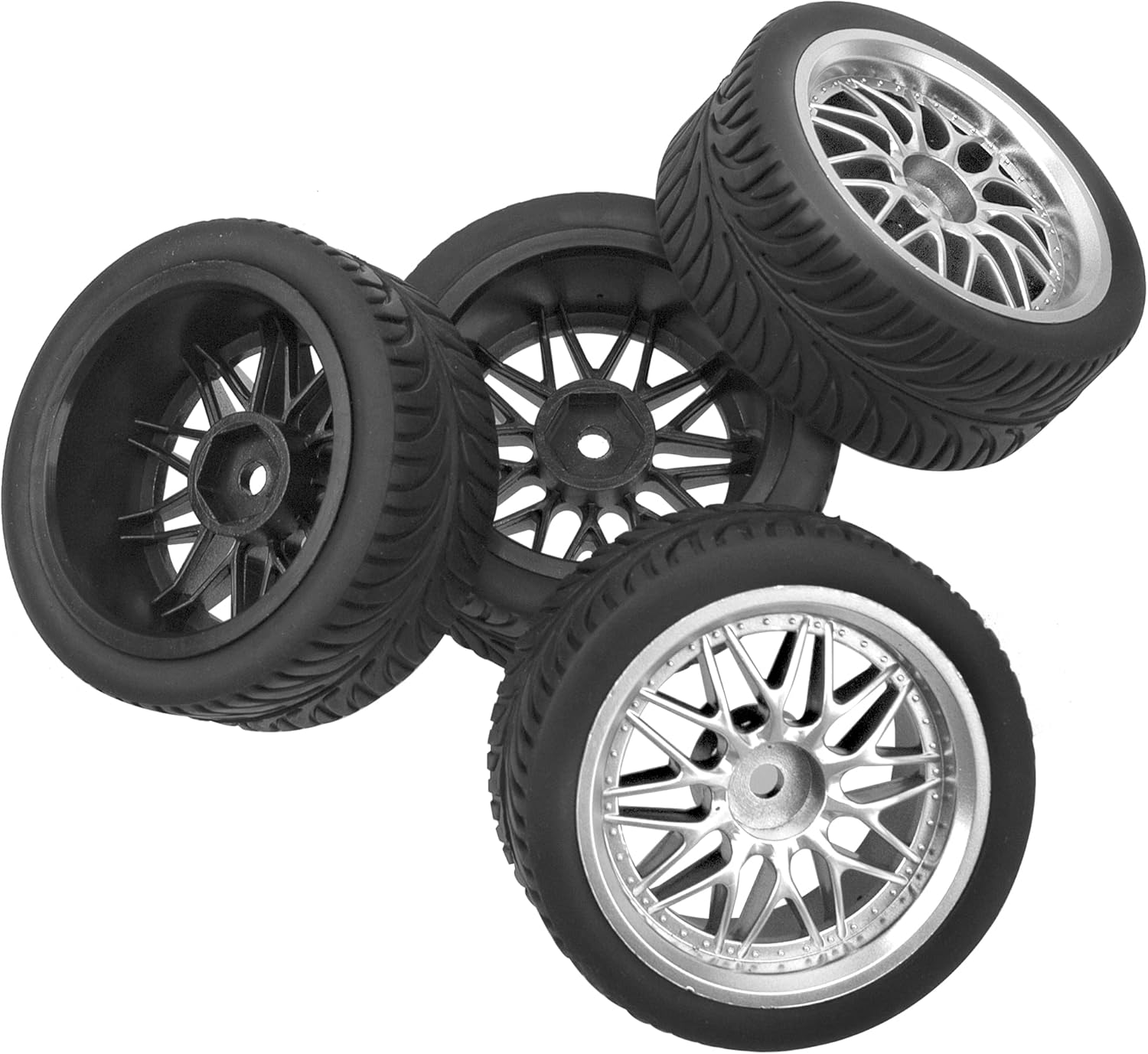 OD 2.55" Rubber Tires & Plastic Wheel Rims 12mm Hex Hub Compatible with HSP Tamiya HPI Kyosho Redcat ExceedRC 1/10 On-Road Touring Car,WLtoys 1/14 144001 RC Buggy (Silver)