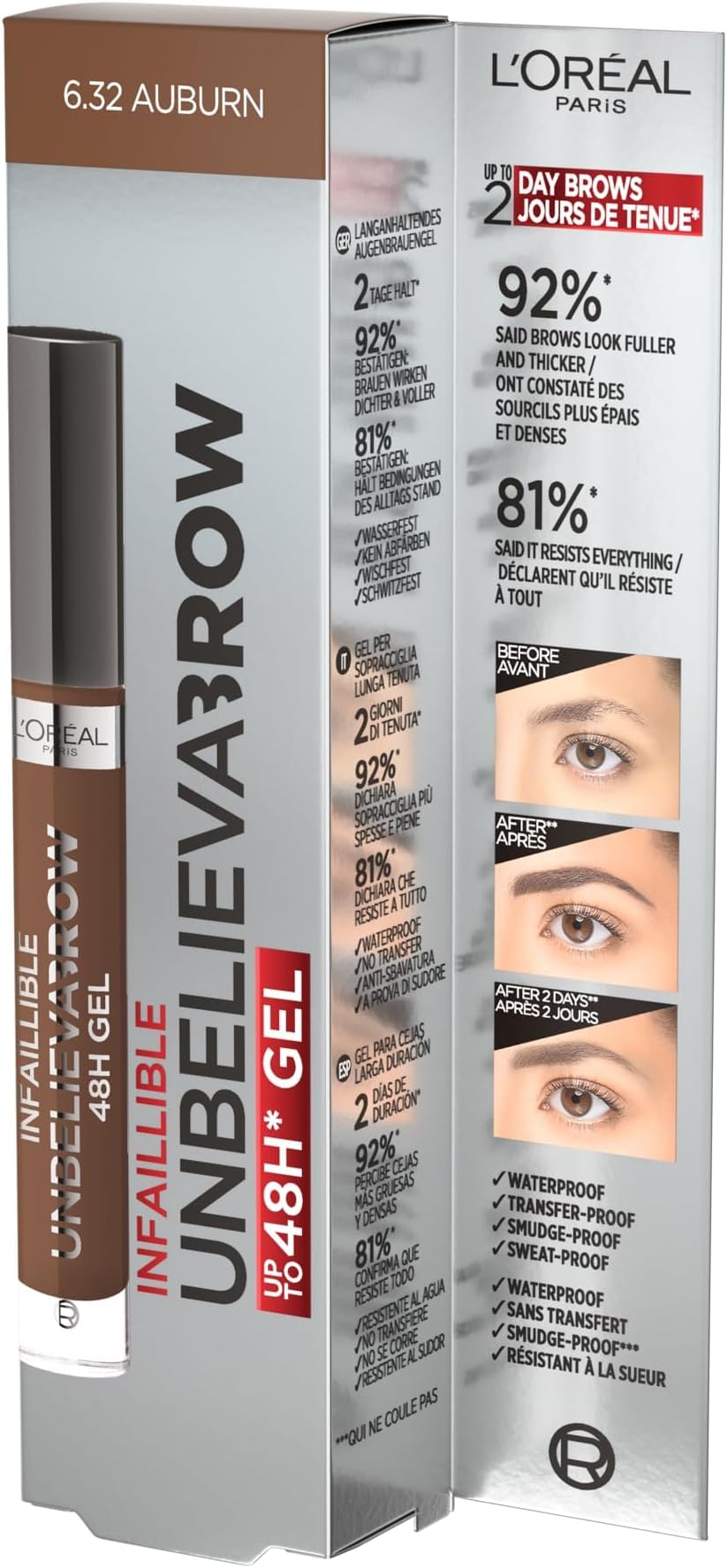 UnbelievaBrow Long-Lasting Eyebrow Gel, Smudge-Proof, Transfer-Proof, Waterproof, 6.32 AUBURN And 104 Chatain
