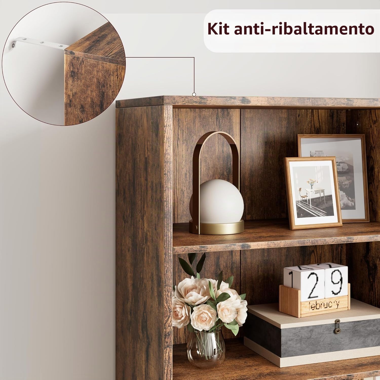 Libreria con ante Industriale Libreria con 4 Mensole Aperte, 6 Livelli in Legno per Conservazione con Antiribaltamento per Camera da letto, Soggiorno, Marrone, 60 x 30 x 180 cm