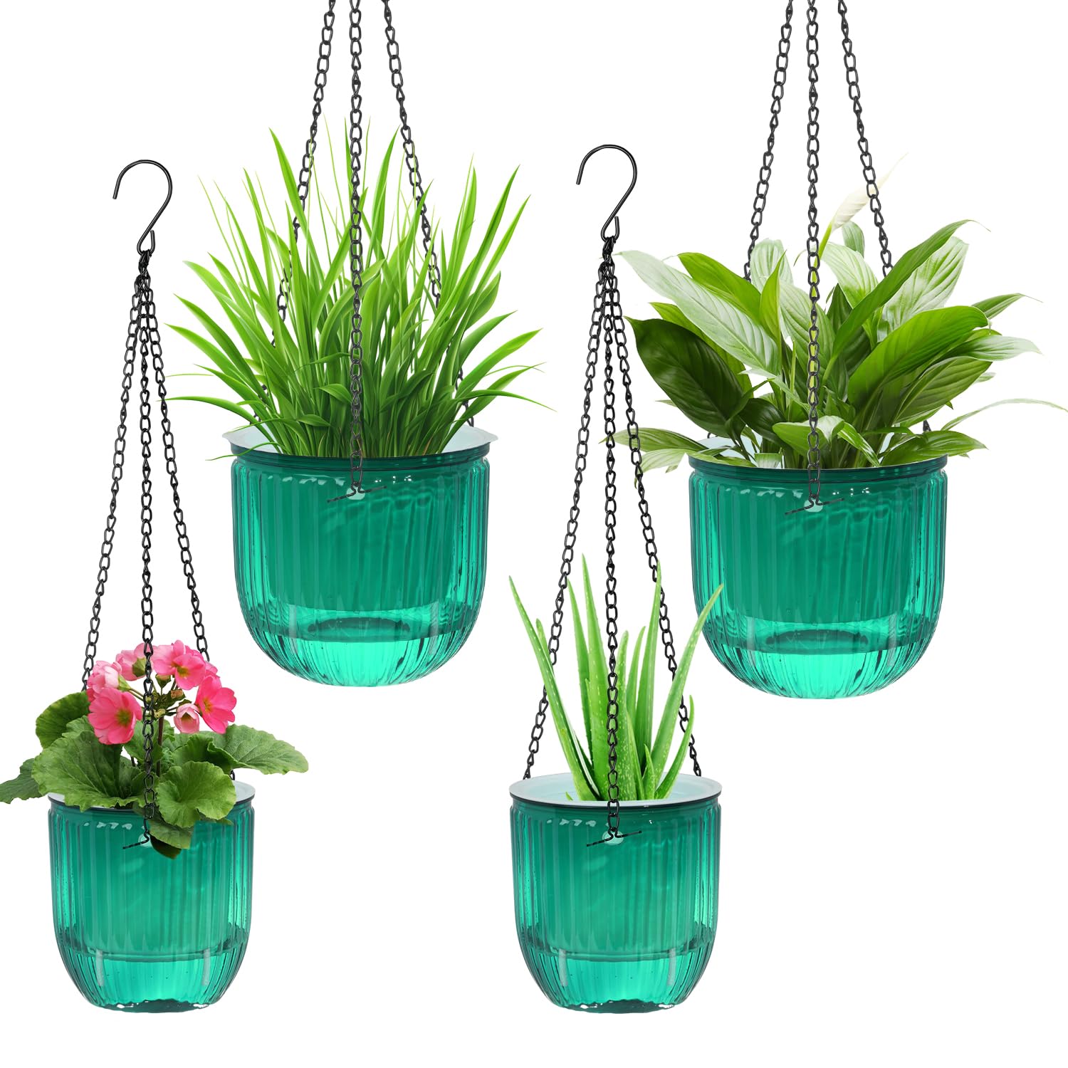 VIDELLY 4 Pack Self Watering Hanging Planters, Mixed Size 6.5" & 4.5" Plastic Hanging Flower Pots with Hooks & Drainage Holes for Indoor Outdoor