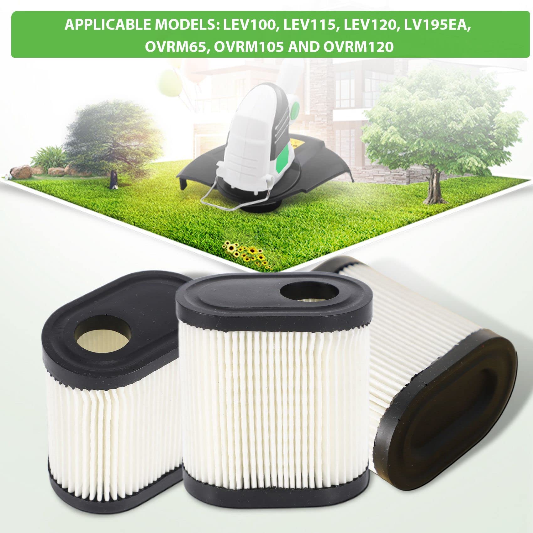 Filtro de aire para 36905 740083A LEV100, LEV115, LEV120, LV195EA, OVRM6N - Filtro de aire para cortacésped (3 unidades)