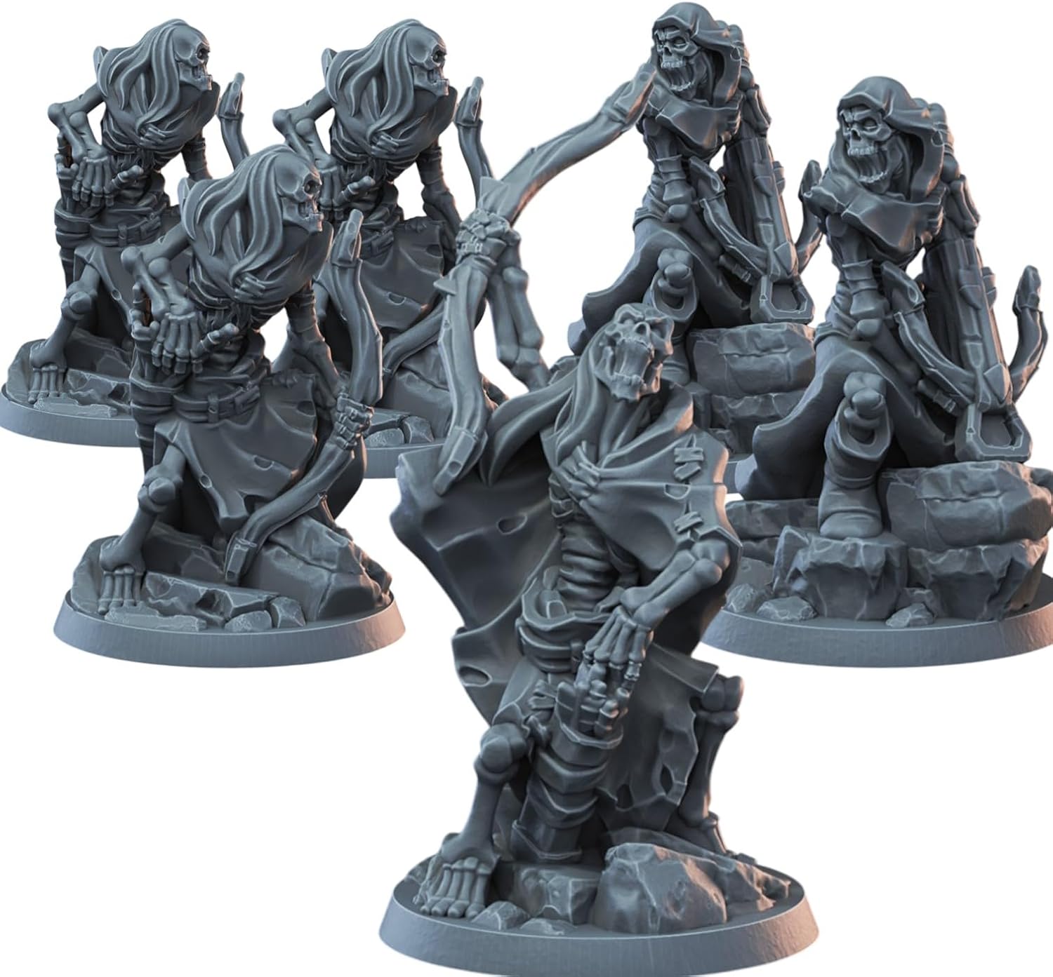 6-Pack of Undead Archer Warband Collectible Figurines - Detailed Skeletons | Unique Poses | Tattered Cloaks - 3D Printed in Canada