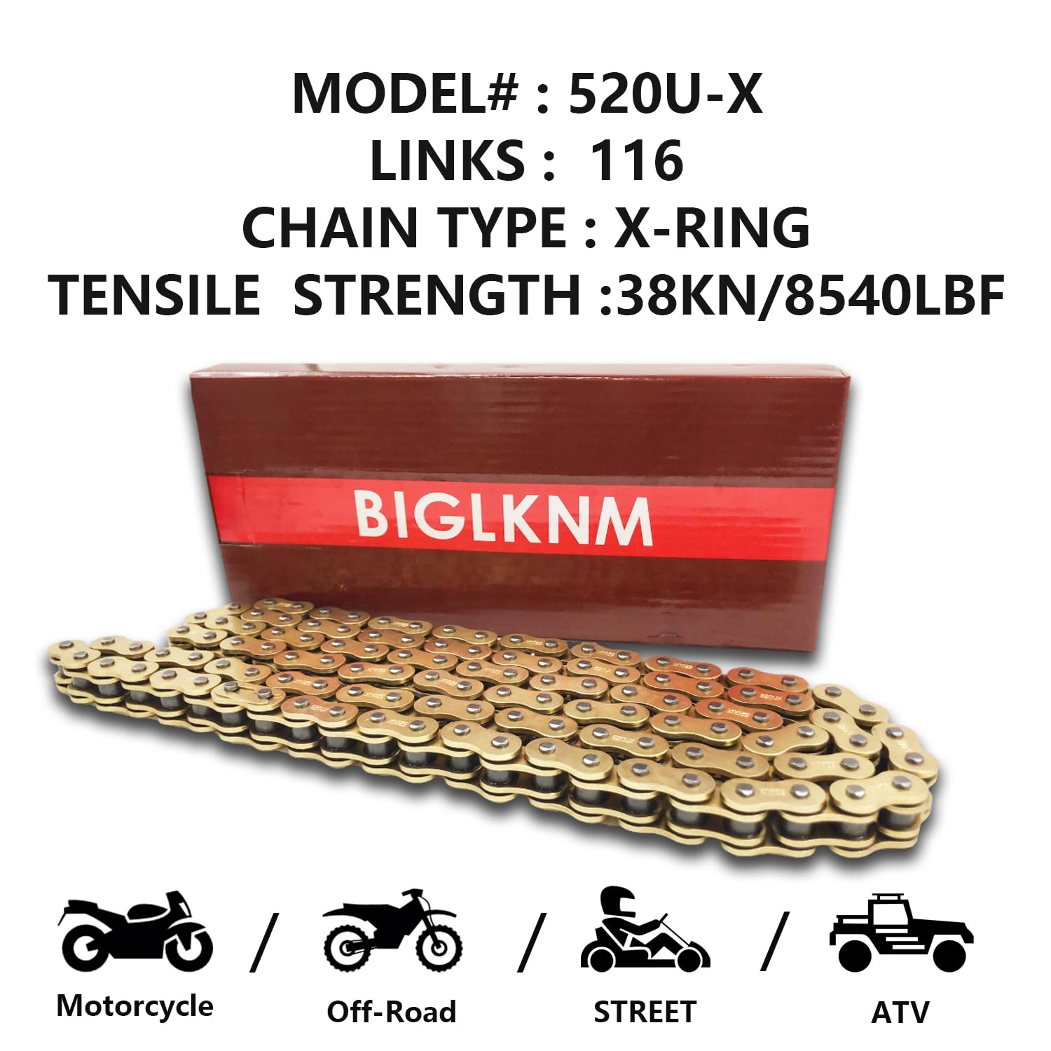 Catena a 520 X-Ring, 116 maglie resistente catena d'oro per moto con collegamento Master Link