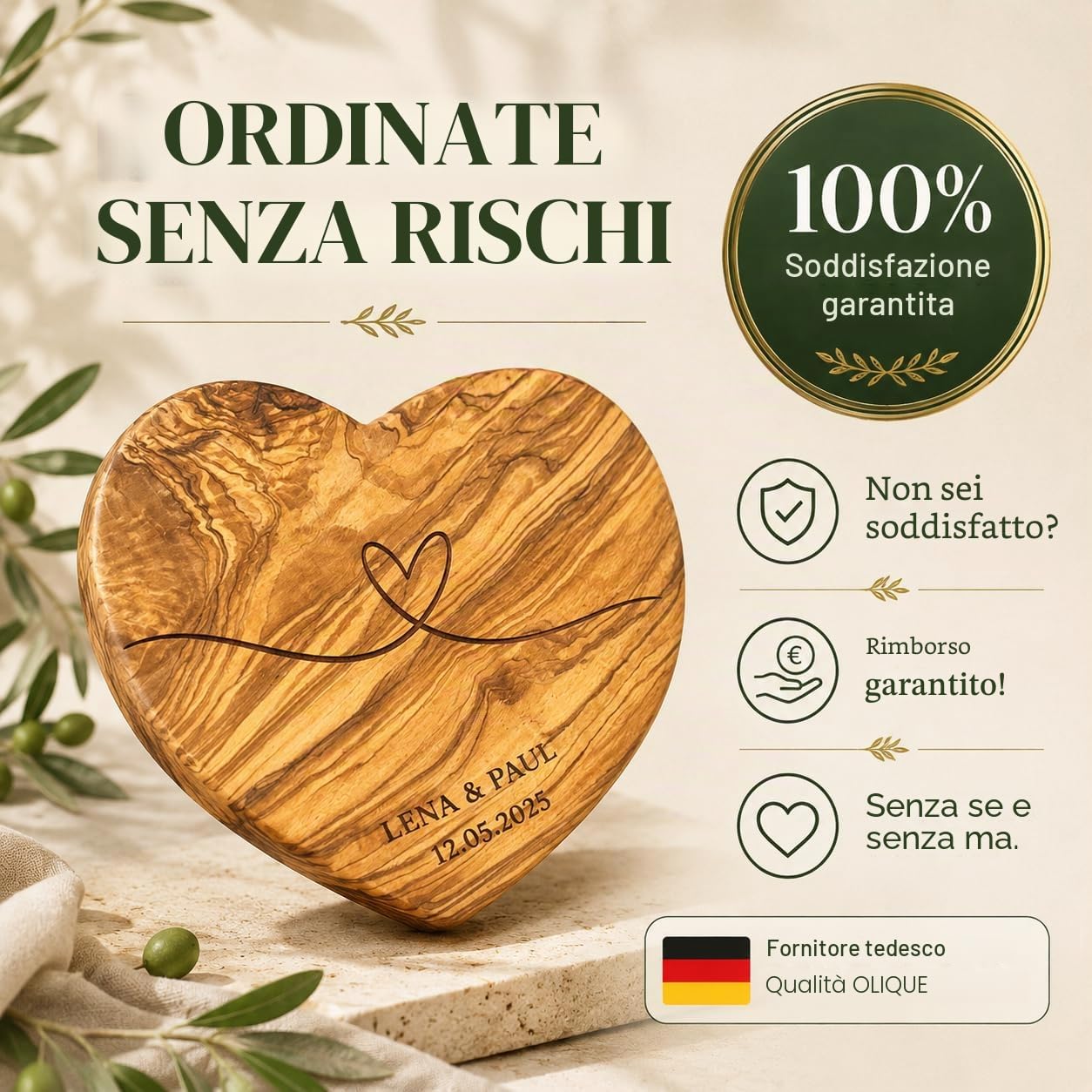 Tagliere personalizzato a forma di cuore, in legno d'ulivo rustico, con incisione come regalo personalizzato per matrimonio