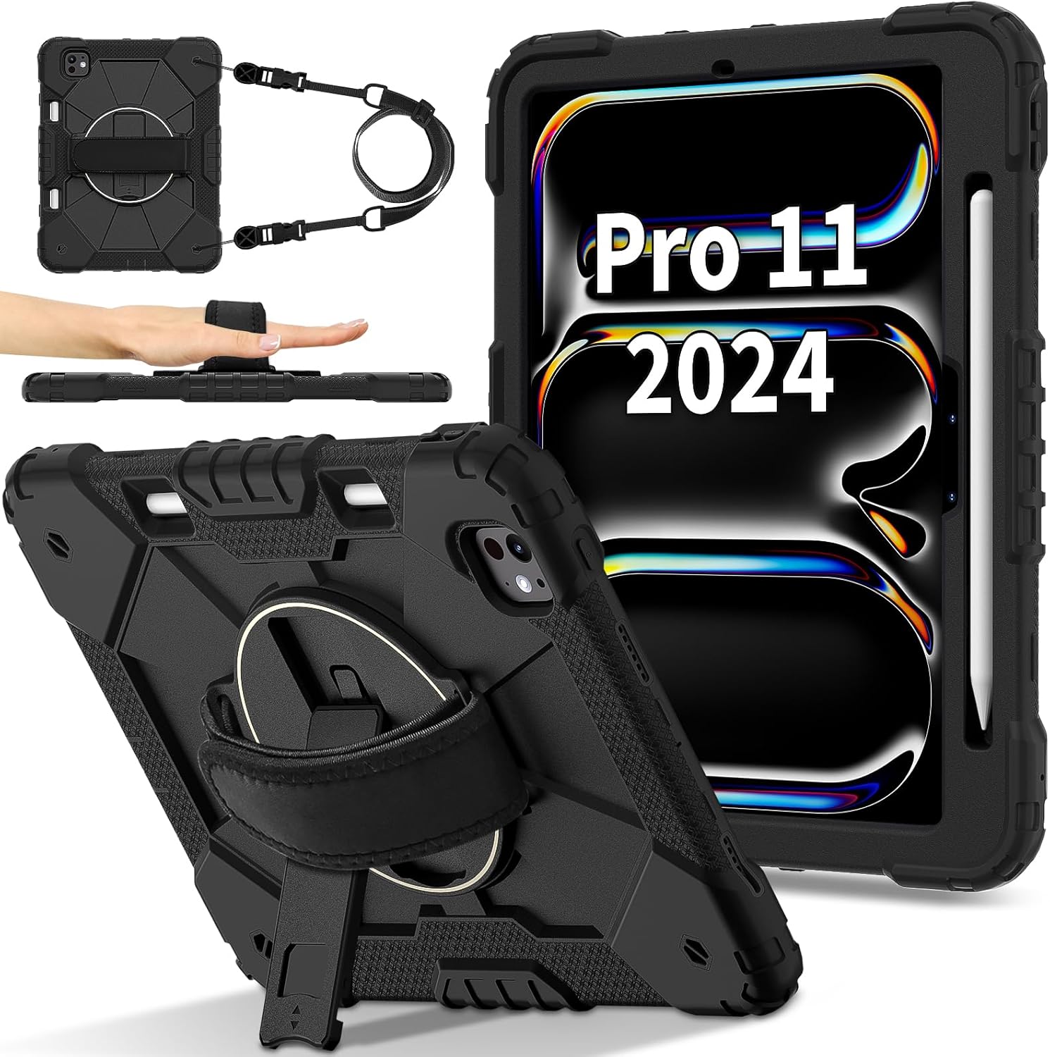 Heavy Duty Shockproof Kids Case for iPad Pro 11 Inch 2024 M4 (5th Generation),3 Layer Protective Case W 360 ° Rotating Handle Stand + Shoulder Strap,Black