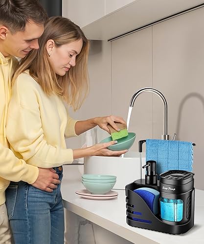 Miniatura 4 de Juego de dispensador de jabón de cocina, 4 en 1, dispensador de jabón doble para manos y platos con soporte para esponja y soporte para paño de