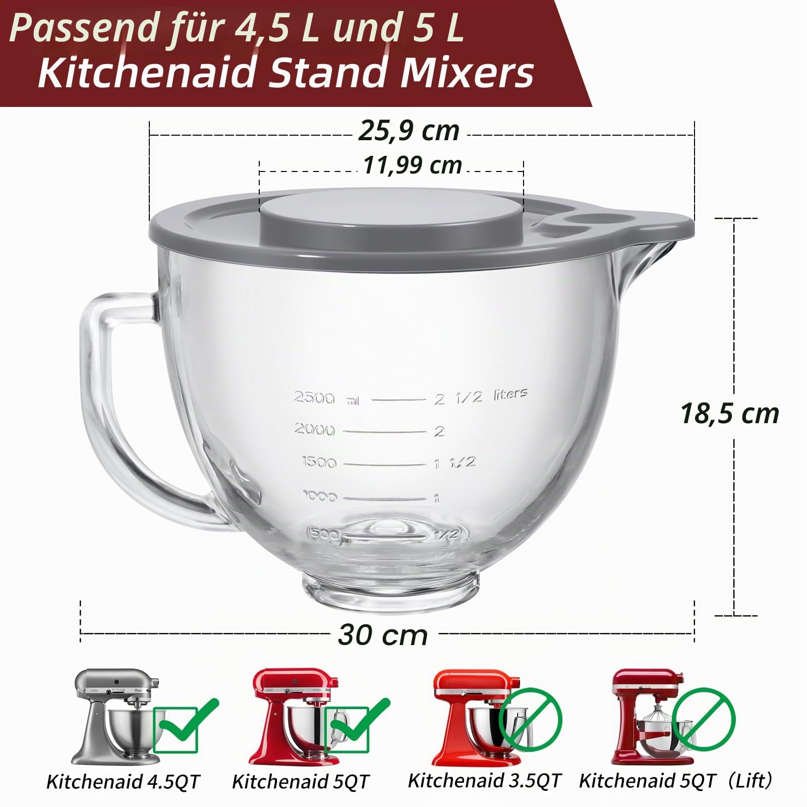 Glas-Rührschüssel für Kitchenaid 4,5 Quart und 5 Quart | Standmixer-Schüssel mit Deckel und Messmarkierungen