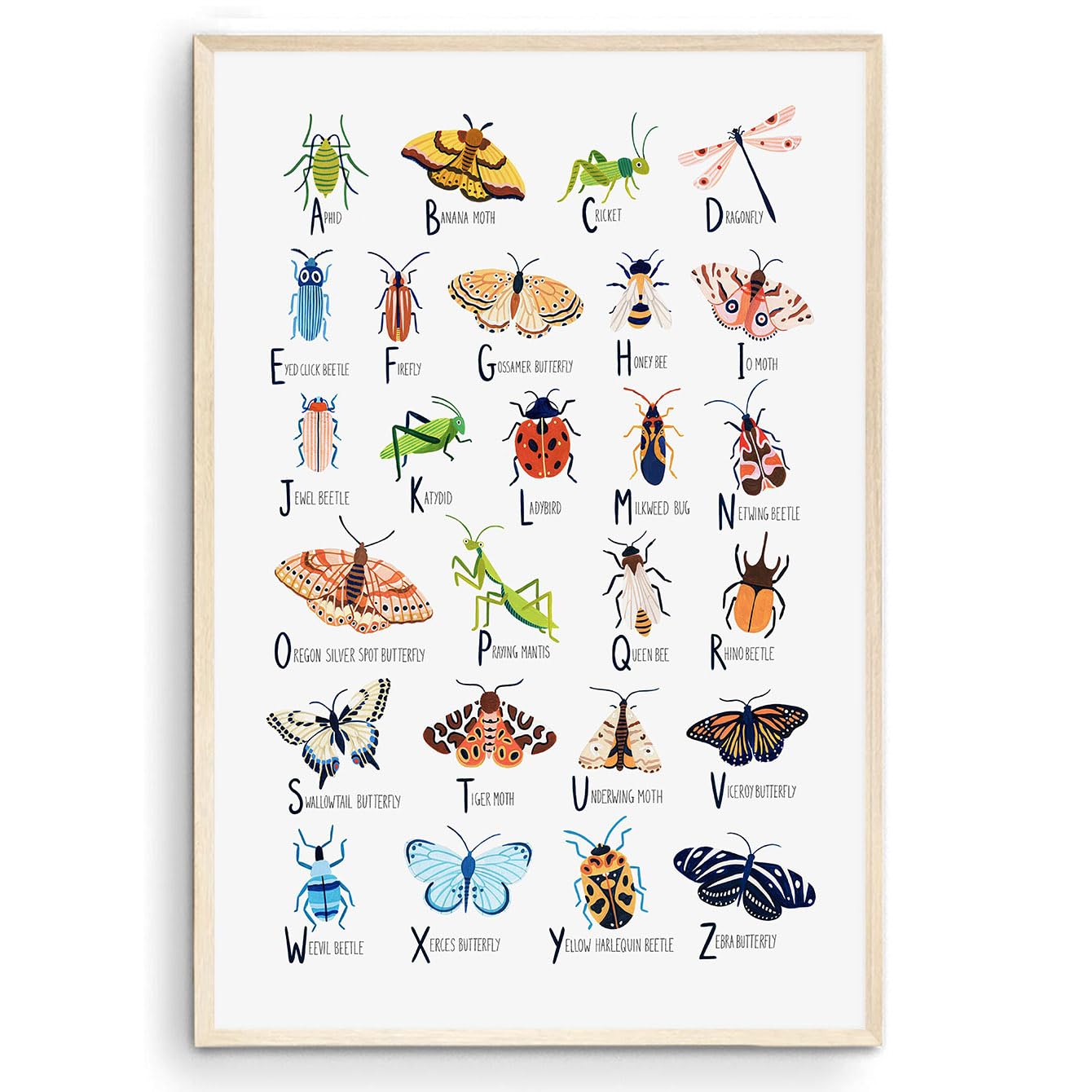Nationcog Insect Alphabet Print, Nursery Wall Art, Bugs Print, Kids Room Decor, Nursery Decor, Alphabet Poster, Kids Wall Art, Gift for Him Her (Unframed) (9x11)