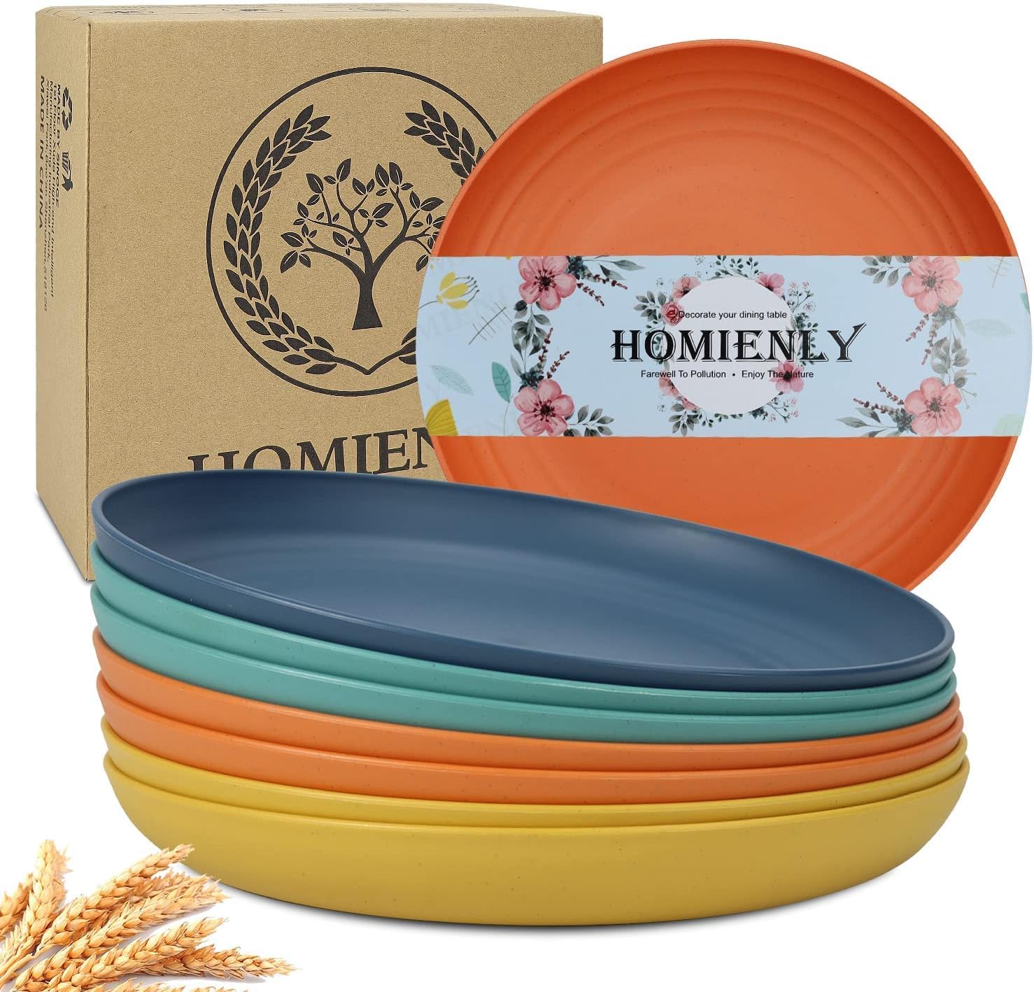 Homienly Deep Dinner Plates Set of 8 Alternative for Plastic Plates Microwave and Dishwasher Safe Wheat Straw Plates for Kitchen Unbreakable Kids Plate Set with 4 Colors (Classic Bright, 9 inch)