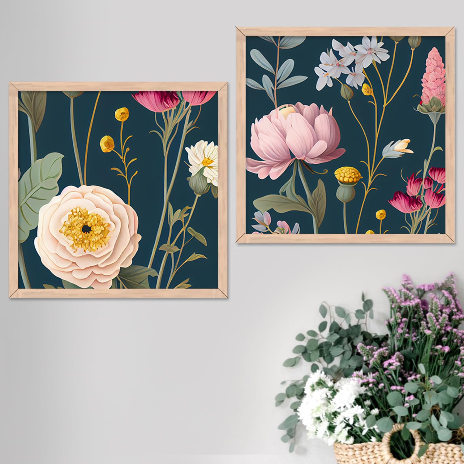 kotart - Floral theme abstract art paintings with frame for living room wall decor - modern art framed posters (multicolor) set of 2 (10x10 inch, D)