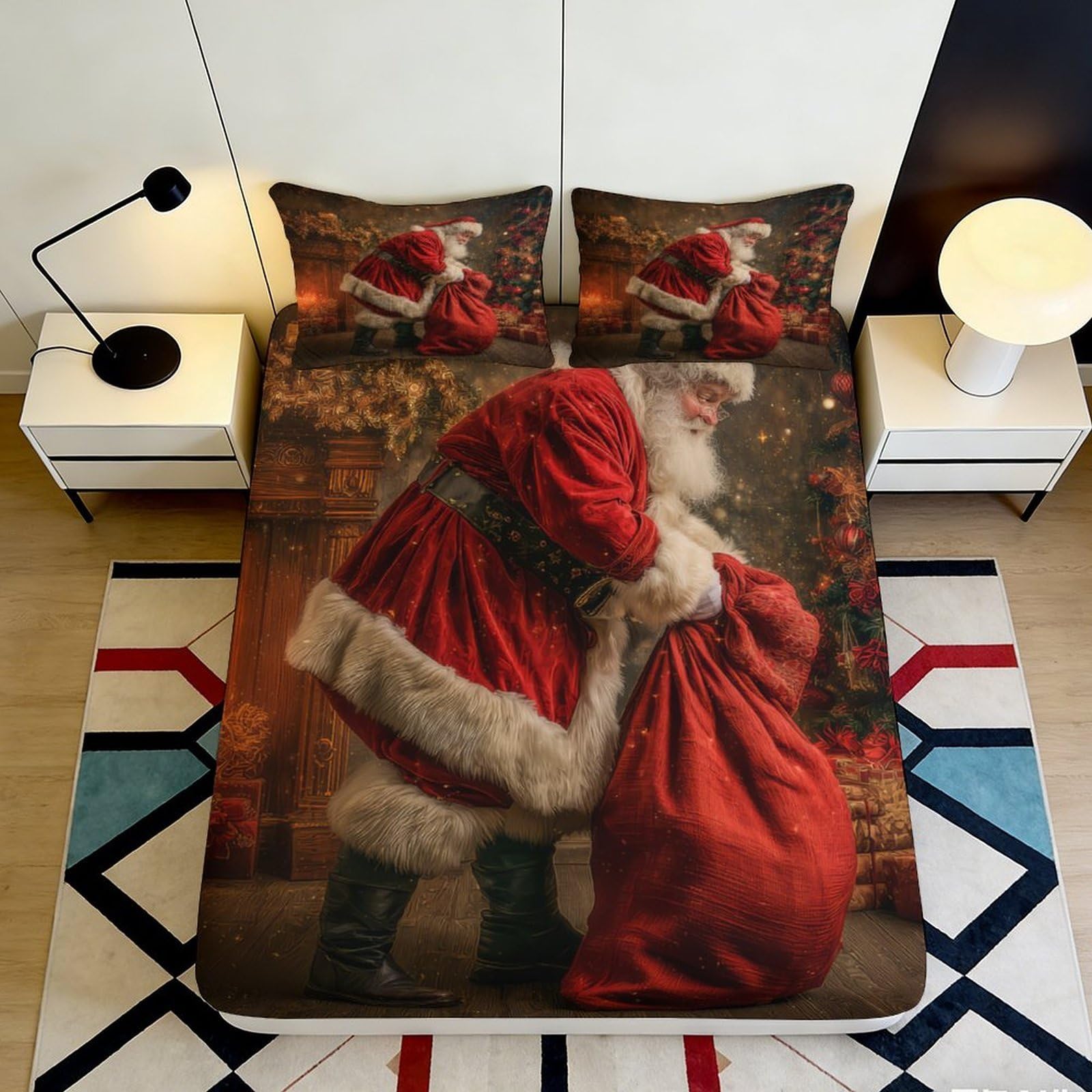 3D Printed Santa Claus Fitted Sheet Microfiber Soft Bag Mattress Cover for Bedroom Guest Room Decor 90x200x25cm