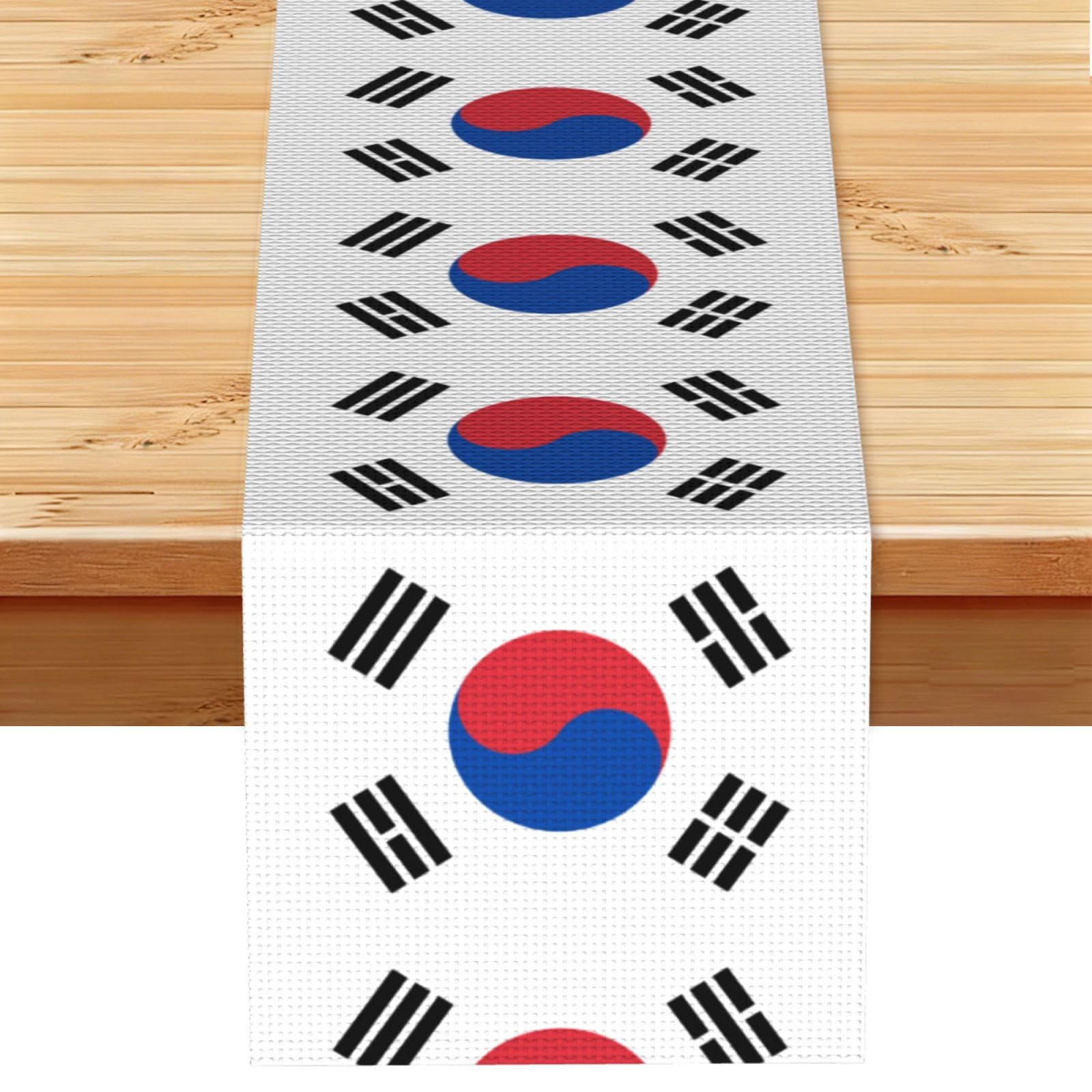 Flag of Republic of Korea Linen Look Table Runner 13x72-Wrinkle Resistant Farmhouse Style for Dining Table Decor