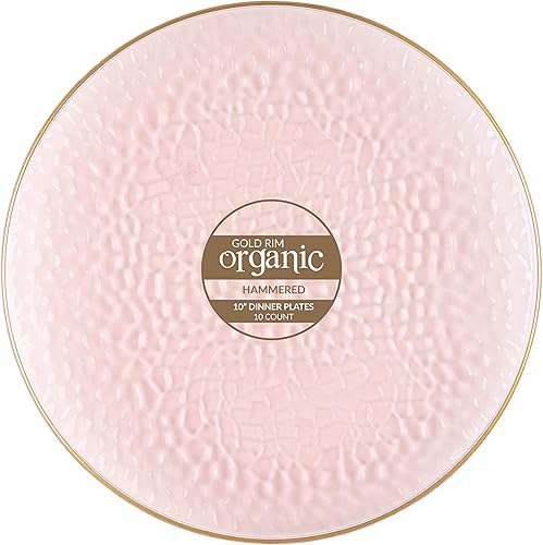 PARTY BARGAINS Platos de cena orgánicos de 10 pulgadas color rosa martillado con borde dorado, paquete de 20, platos desechables de plástico