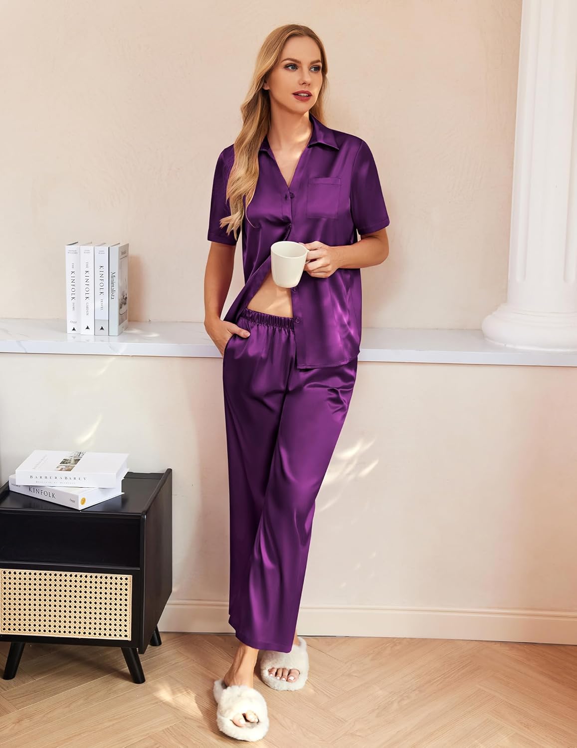 Ekouaer Silk Pajamas for Womens Set 2 Piece Satin Pjs Soft Button Down Sleepwear Wide Leg Long Pants with Pockets - Image 2