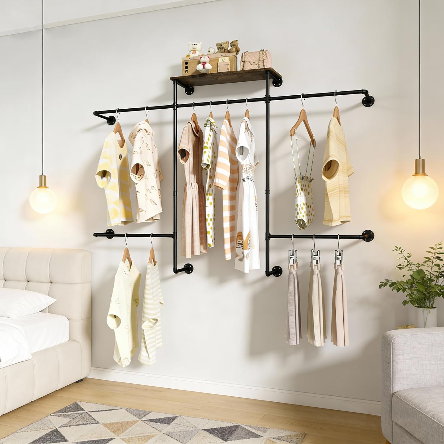 Merapi Industrial Pipe Clothing Rack, Wall Mounted Heavy Duty Garment Rack with Wood Shelf, Double Hanging Rod Vintage Organizer for Walk-in Closet, Laundry Room & Retail Store Display (Black)