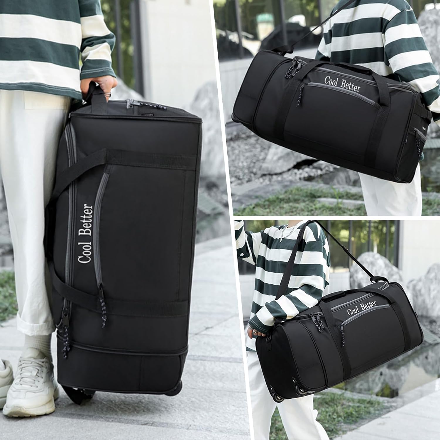 55L Foldable Rolling Duffel Bag with 2 Wheels, Large Durable Travel Duffle Bag Heavy Duty Overnight Weekender Bag with Shoulder Strap,Black - Image 7