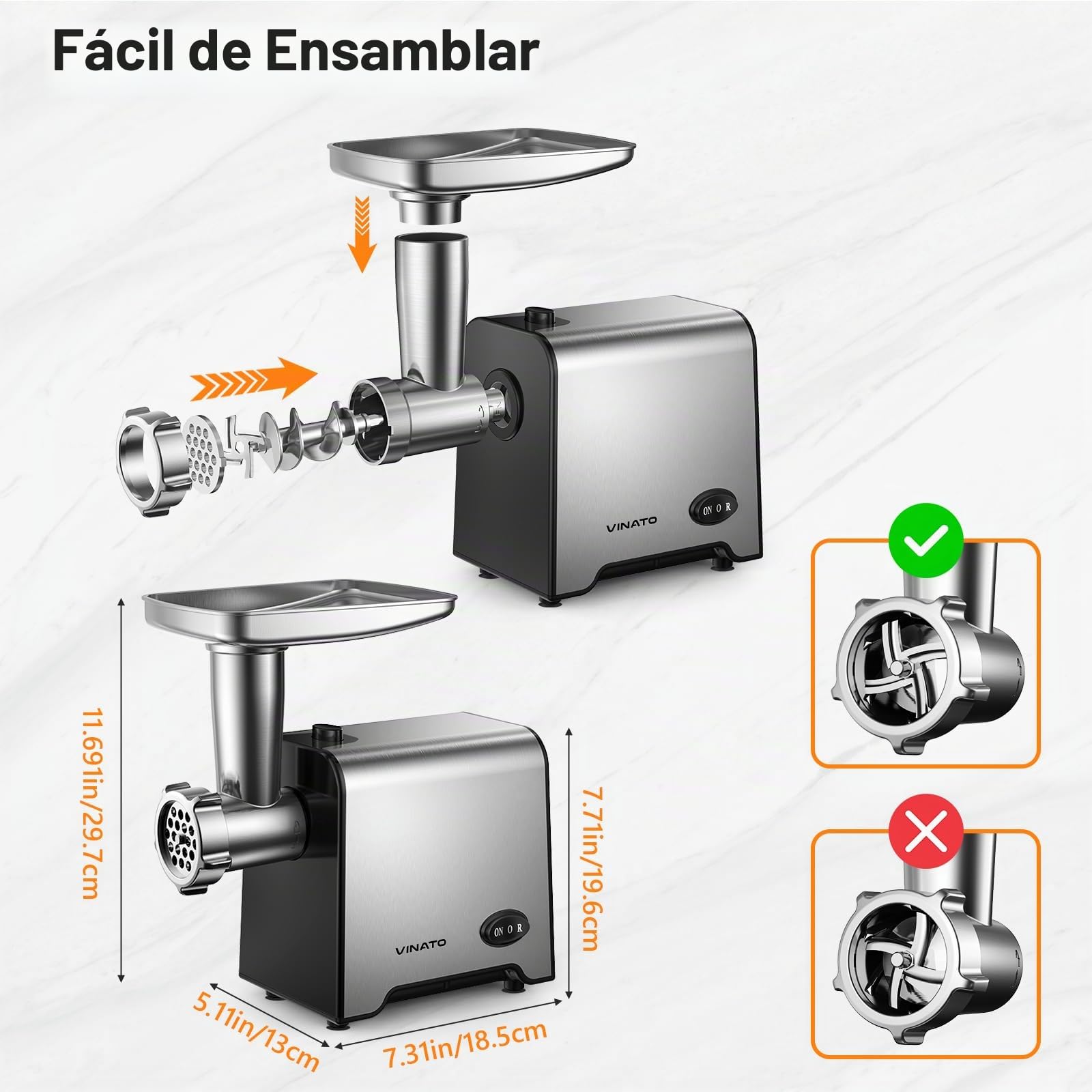 VINATO Picadora Electrica, Accesorio para Salchichas CompactPower, 3 Discos Perforados de Acero Inoxidable (3, 5, 7mm), Pisón, Accesorio para Kebbe