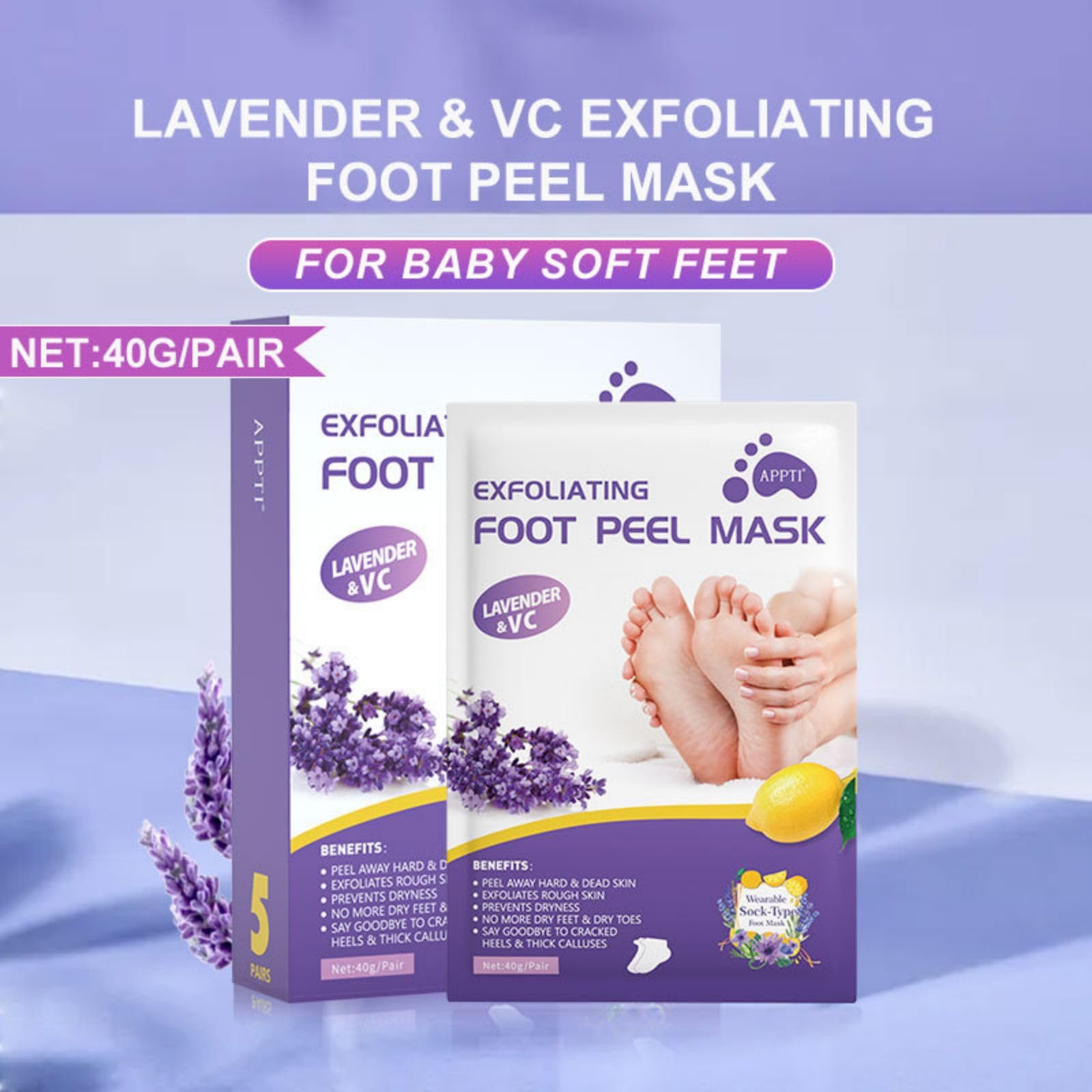 Joyeee Maschera Piedi Esfoliante, Lavender Foot Peel Mask, Efficace Peeling Piedi, Scrub Piedi e rimozione Calli dei Piedi, per Uomini e Donne, 5 paia