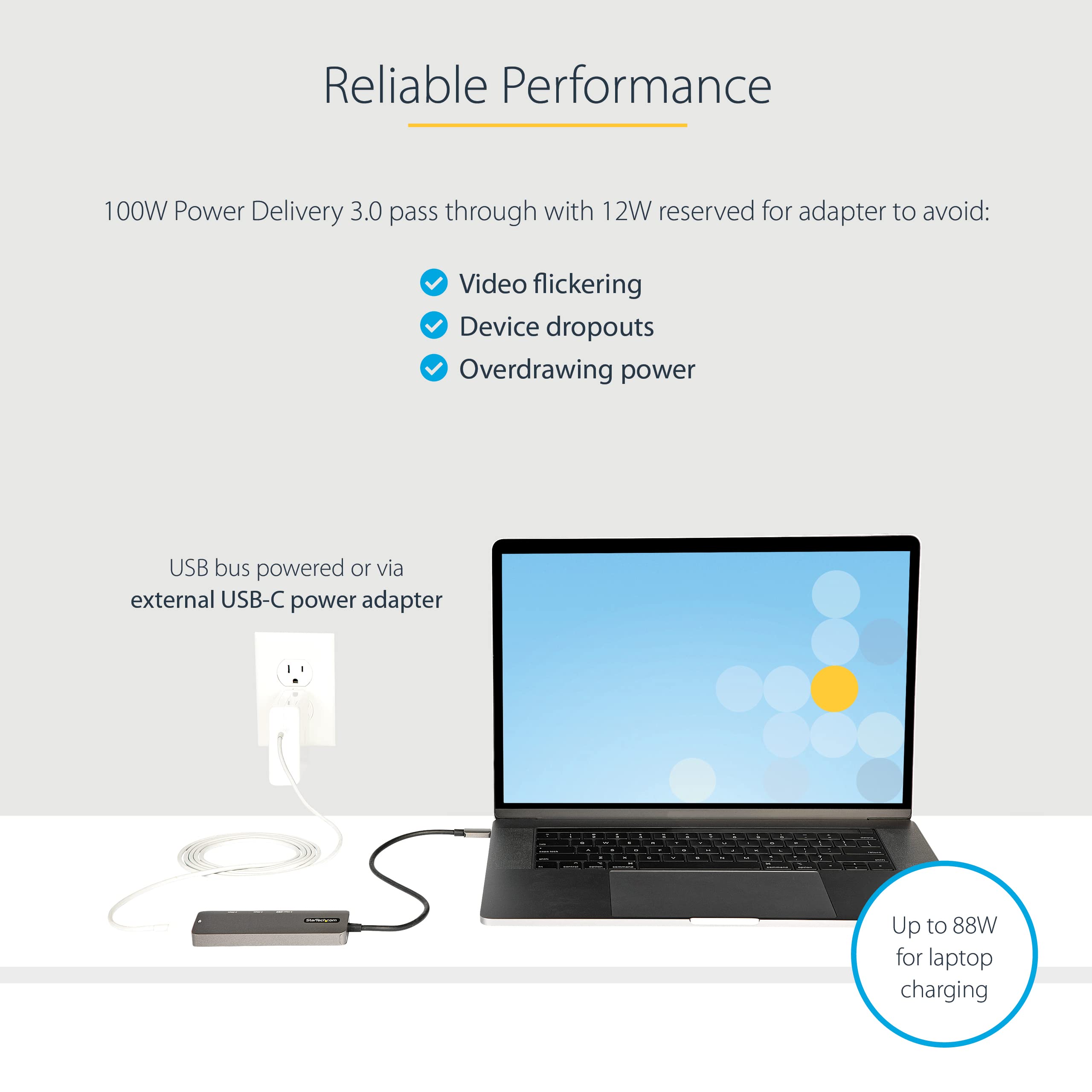 StarTech.com Wieloportowy adapter USB C, USB-C na HDMI 2.0b 4K 60Hz (HDR10), zasilanie 100 W, 4-portowy hub USB 3.0, mini stacja dokująca USB typu C, kabel 12" (30 cm) długi kabel (DKT30CHPD3)
