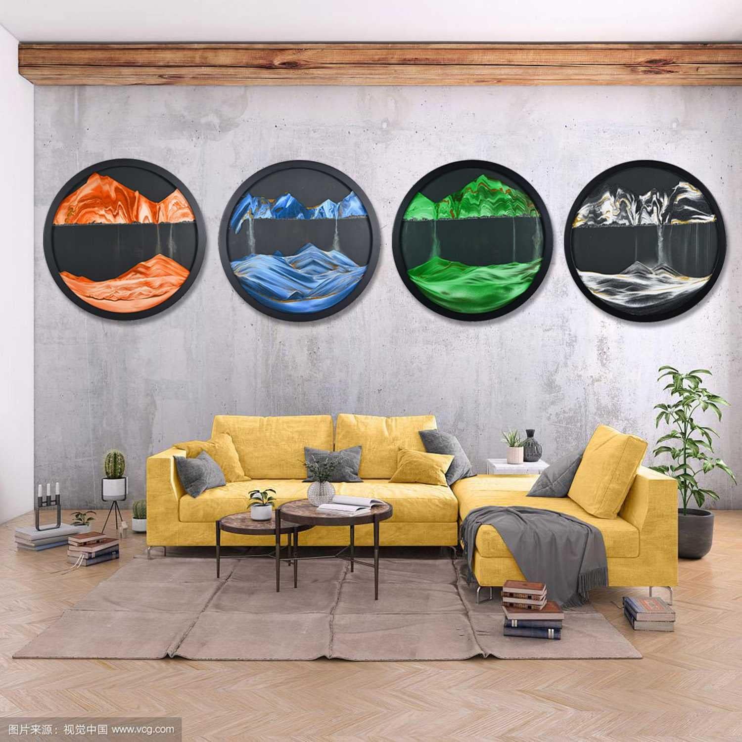 KRIDDR Round Glass Flowing Sand Painting Large Wall Hanging Sand Landscape Moving Flowing Sand Frame
