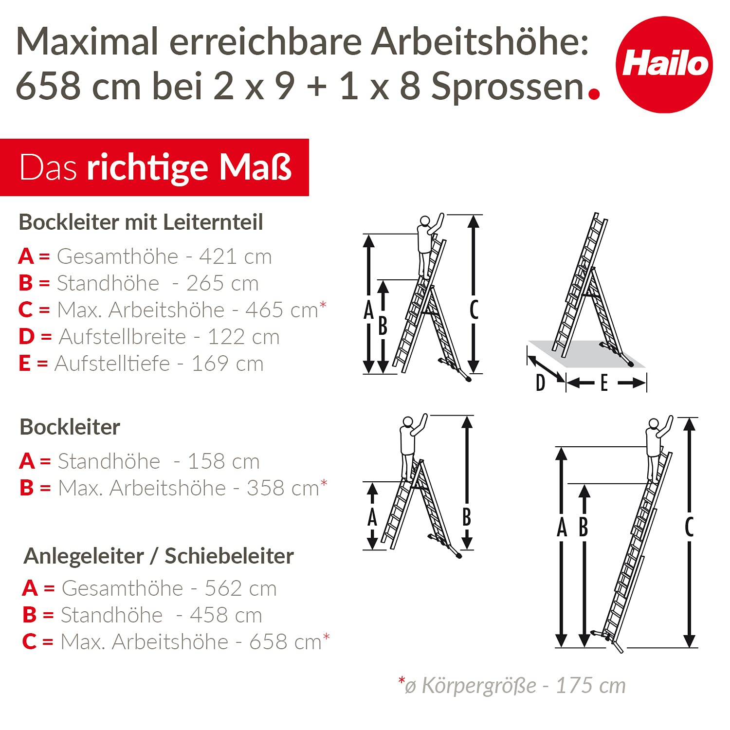 Hailo S100 ProfiLOT, aluminiowa drabina kombi z systemem LOT, 2 x 9 + 1 x 8 szczebli, system LOT, regulacja schodów, do 150 kg, srebrna, Made in Germany, 9309-507