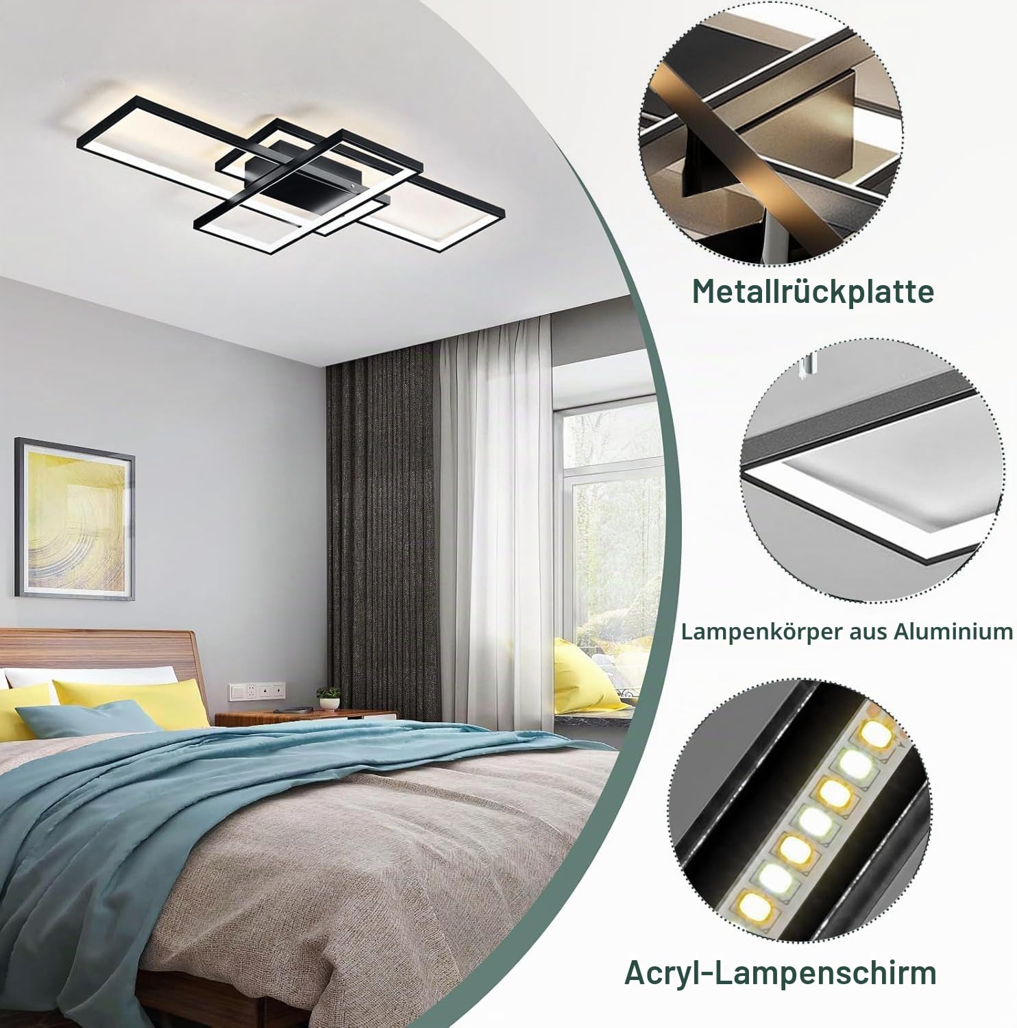 Deckenlampe Wohnzimmer 60W Modern LED Deckenleuchte Eckig, 3000k-6000k Lampen Wohnzimmer Deckenbeleuchtung mit Fernbedienung （80cm，Schwarz）