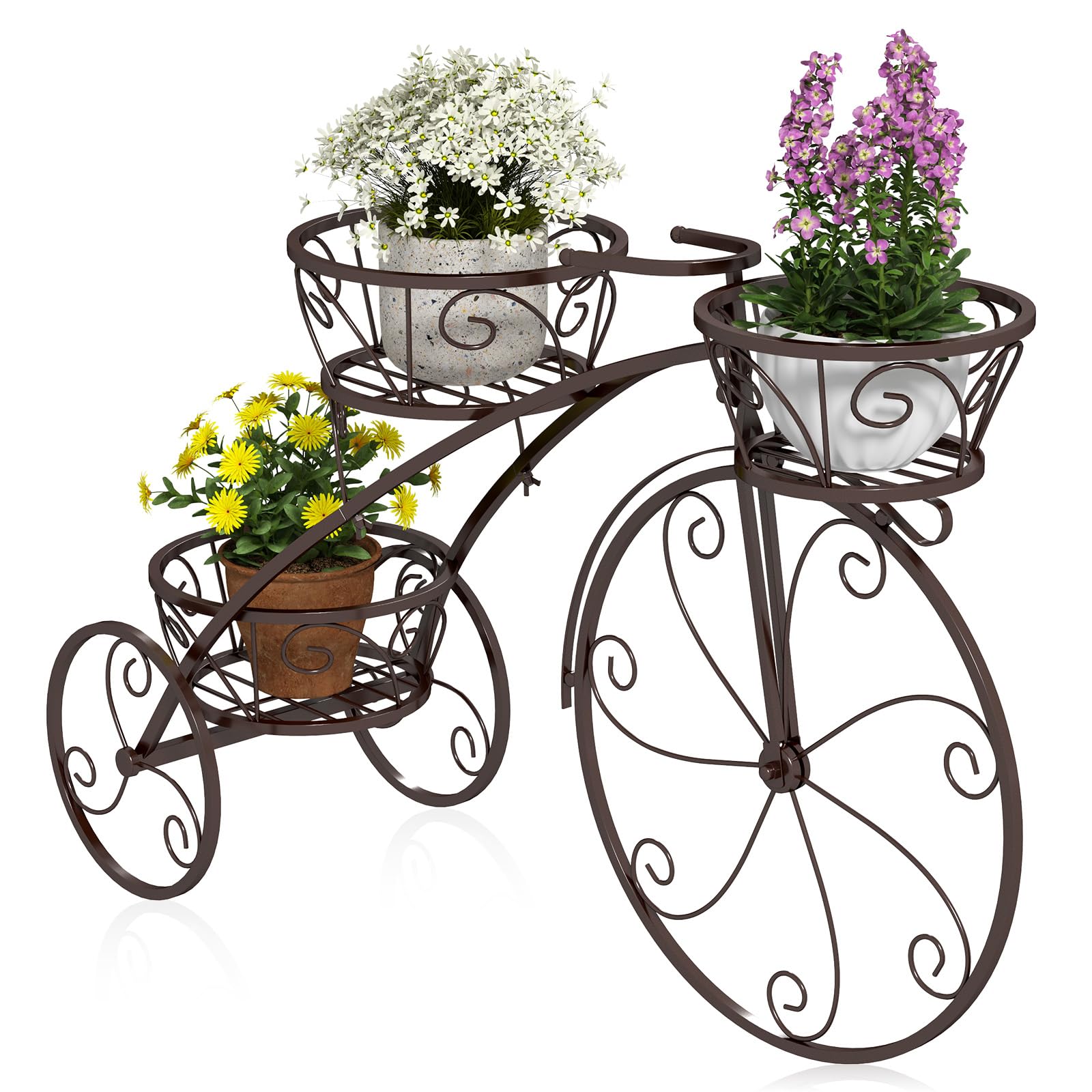 HOMASIS Support de Fleurs en Forme de Vélo, Échelle de Plantes en Métal avec 3 Niveaux, Jardinière pour Plantes, Style Vintage pour Jardin, Balcon, Bureau, Étagèrer, 85 x 25 x 50 cm, Bronze