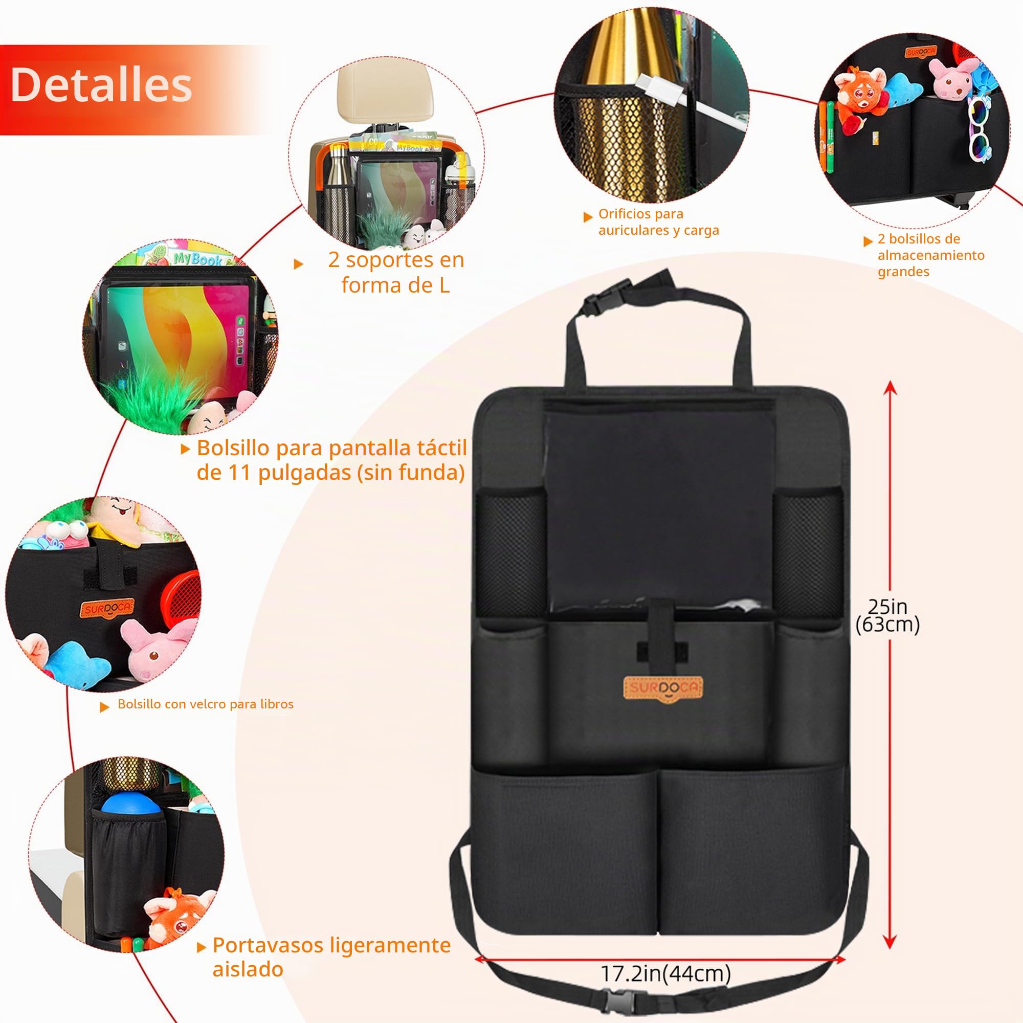 SURDOCA organizador asiento coche, organizador coche niños, 4 de la generación organizador para coche, ajuste con [tablet de 11 pulgadas] organizador asiento