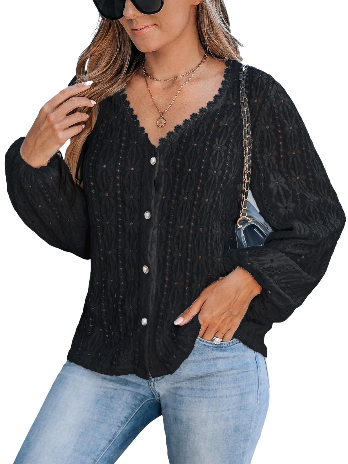 CUPSHE Vrouwen Blouses V-hals Puff Lange Mouw Shirt Dames Tops Gebreide Oogjes Kant Elegante Tuniek Vrouwen Blouses Shirts, Groen, L