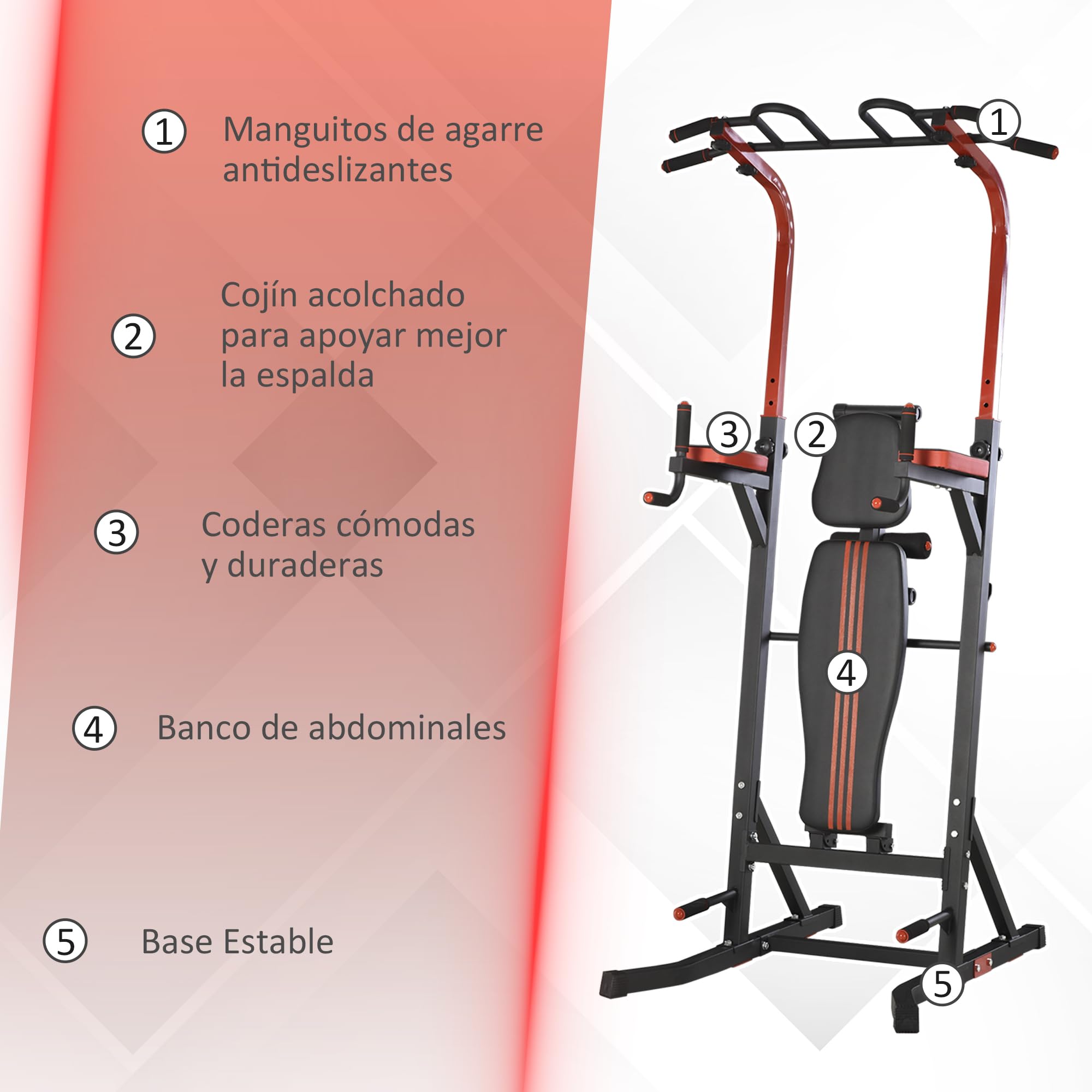 HOMCOM Estación de Musculación Aparatos de Gimnasia para Casa con Altura Ajustable y Respaldo Regulable en 5 Posiciones para Fitness Entrenamiento en Gimnasio Oficina Acero 108x178x202-238 cm Negro