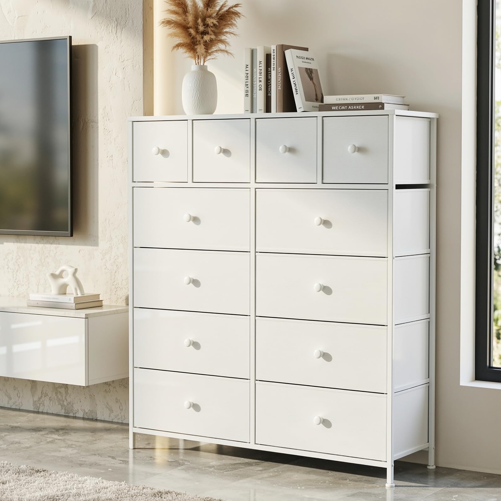 Clevich Cassettiera in tessuto, armadio per riporre, credenza per soggiorno con 12 cassetti per cucina, ufficio, ingresso e camera da letto (Bianco)