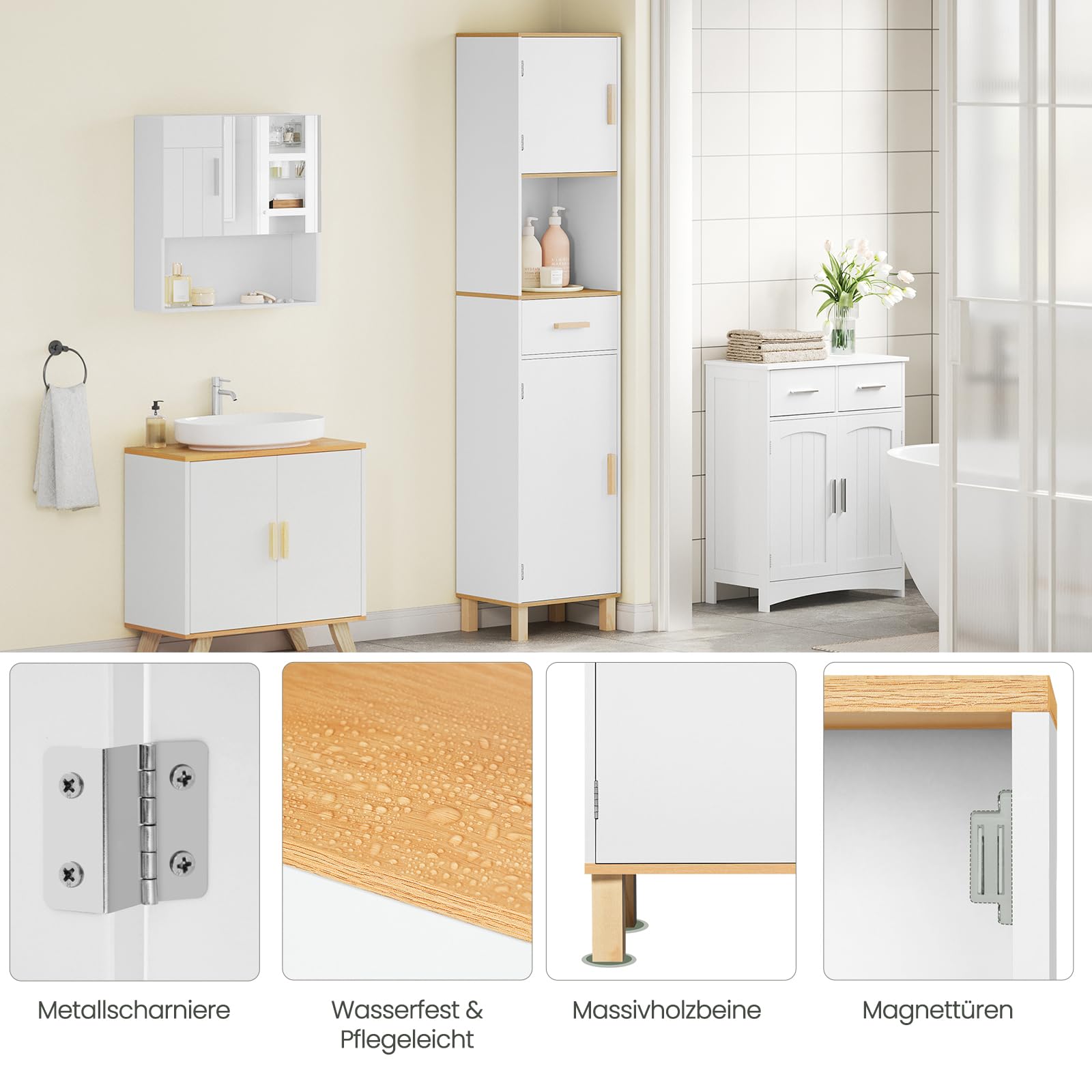 EUGAD Badezimmerschrank,Hochschrank, Badschrank mit 5 Fächern 1 Schublade, weiße Kommode im Badezimmer, Schrank mit verstellbaren Trennwänden, weiß 40x180x30 cm