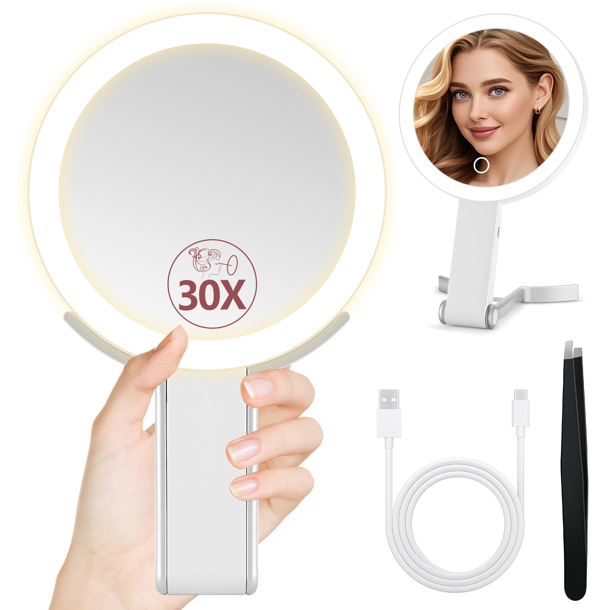 B Beauty Planet Espejo de Aumento con luz, Espejo de Aumento de Doble Cara 30X/1X, Espejo de Maquillaje de Viaje con 3 Luces de Colores, Espejo de Maquillaje Plegable con Pinza, de Mano/de sobremesa