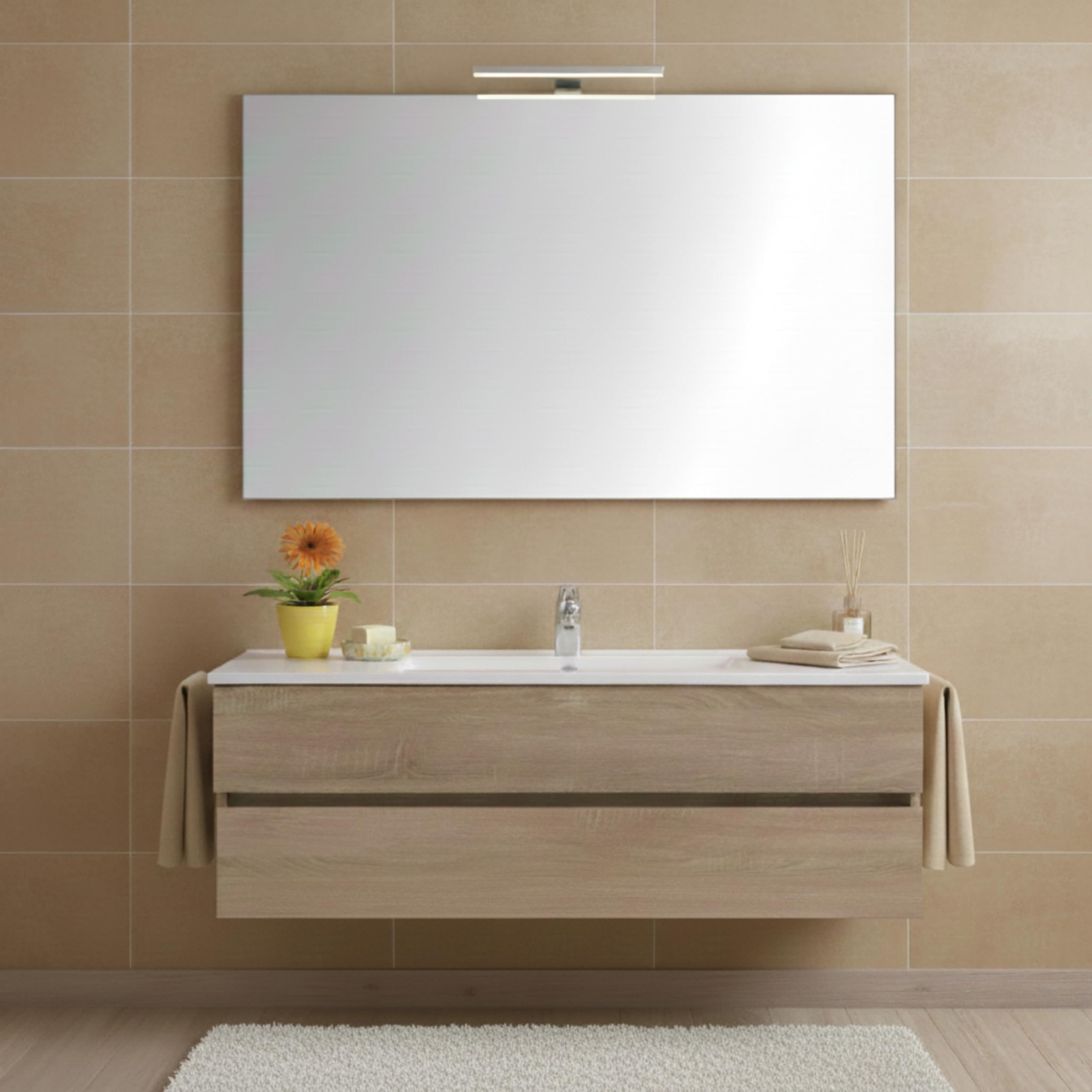 STYLE GLASS Specchio Bagno PERLA 100x70 cm, da Parete con Lampada Led Superiore, Senza Cornice Rettangolare Moderno, Luce Naturale, Design Home Decor
