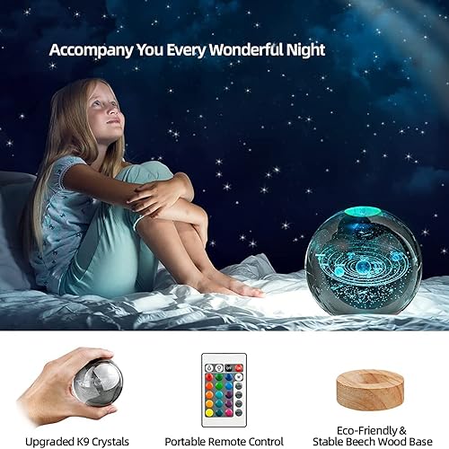 Miniatura 3 de Kocasall Lámpara de bola de cristal con sistema solar 3D con base de madera LED de 16 colores, luz nocturna solar mejorada de 3.15 pulgadas con