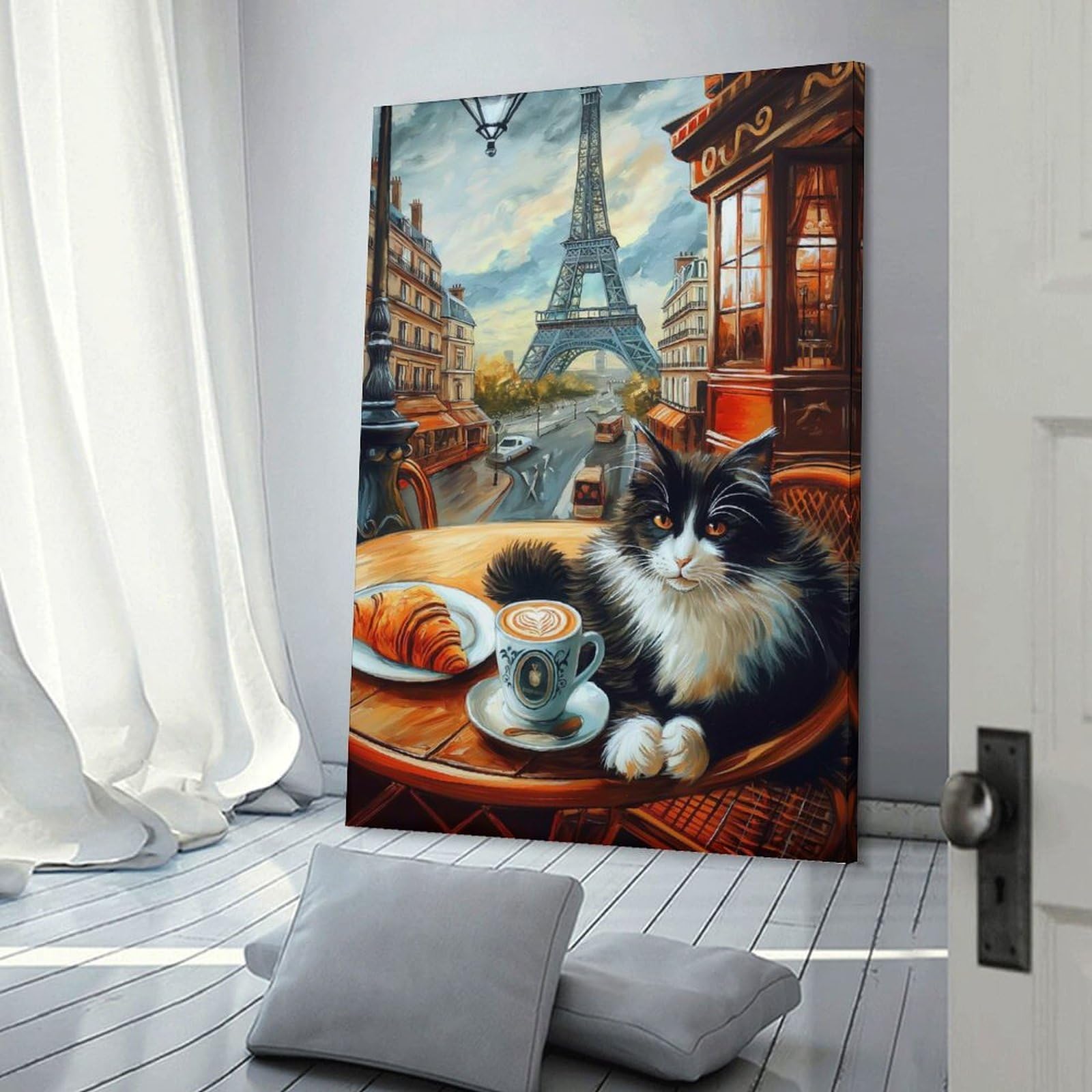 Junmoney Parisian Cat Cafe Wall Art Print, 24x36inch(60x90cm), for Entryway, Lounge Links Or Small Walls, Decorative Canvas Styling for Entry Areas