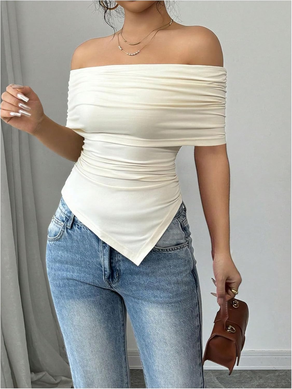 Floerns Women's Off Shoulder Sleeveless T Shirt Ruched Asymmetrical Hem Tee Tops - Image 2