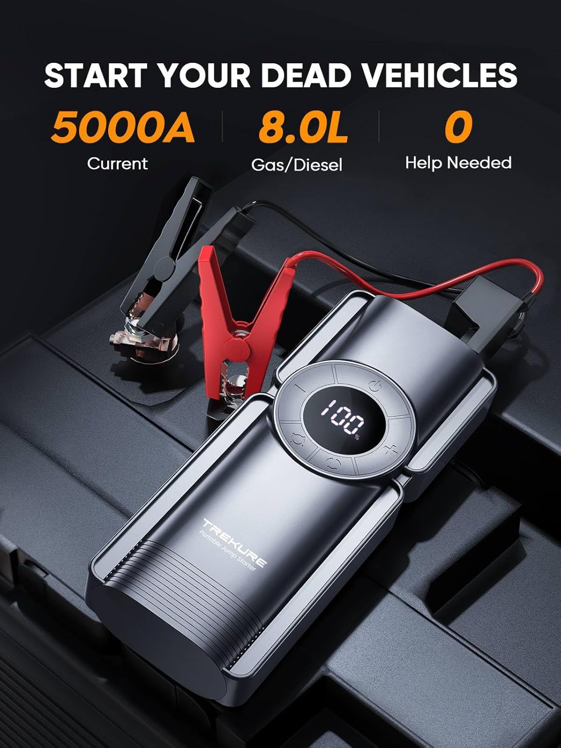 TREKURE Portable Car Jump Starter with Air Compressor, 150PSI 5000A Car Battery Jump Starter Battery Pack (9L Gas/8L Diesel), Safe Jumper Starter Portable Jump Box with Display, Emergency Light - Image 2