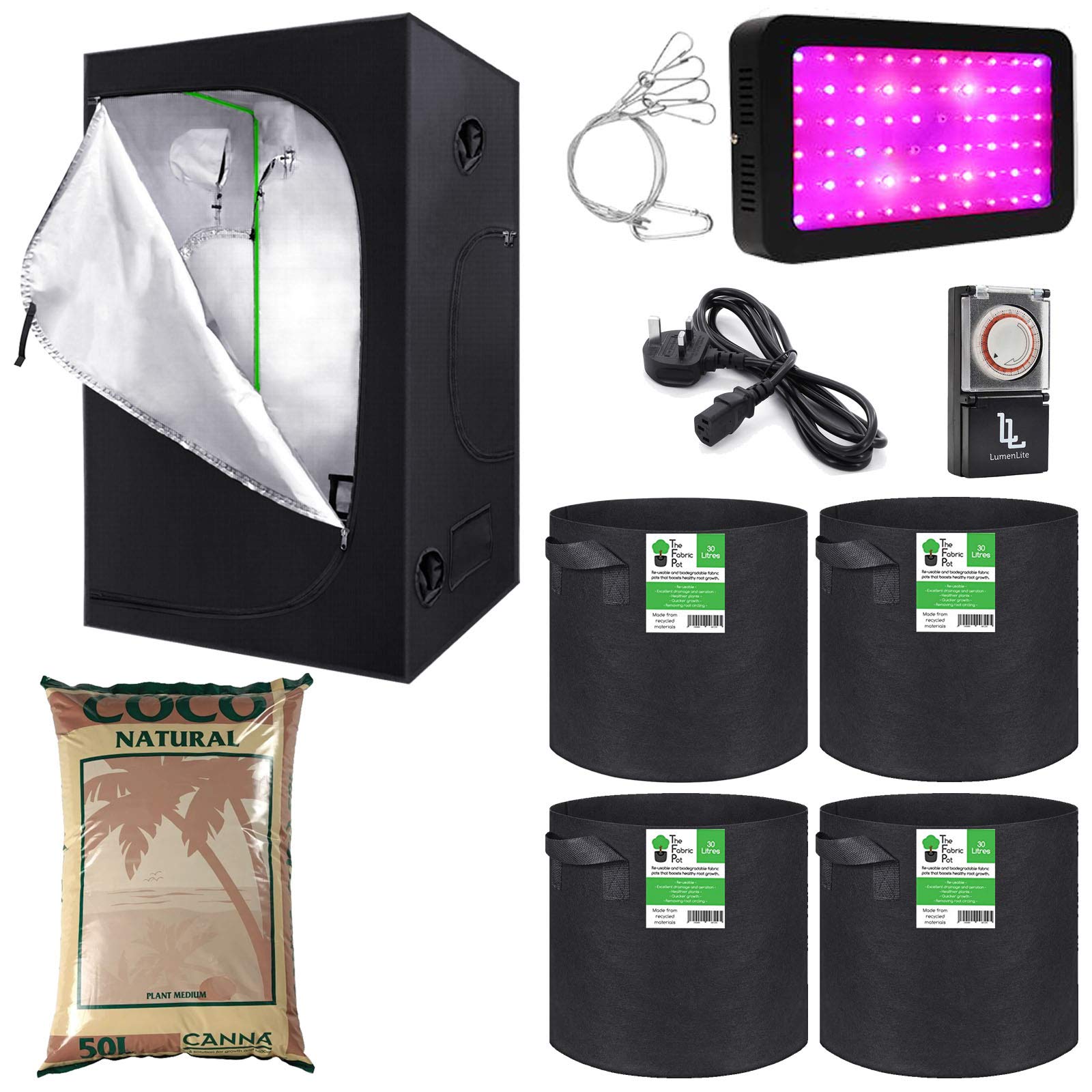 Gardeners Corner 600w LED Grow Tent Kit With 100 x 100 x 200cm Grow Tent Fabric Pots Canna Coco & FREE HD TIMER
