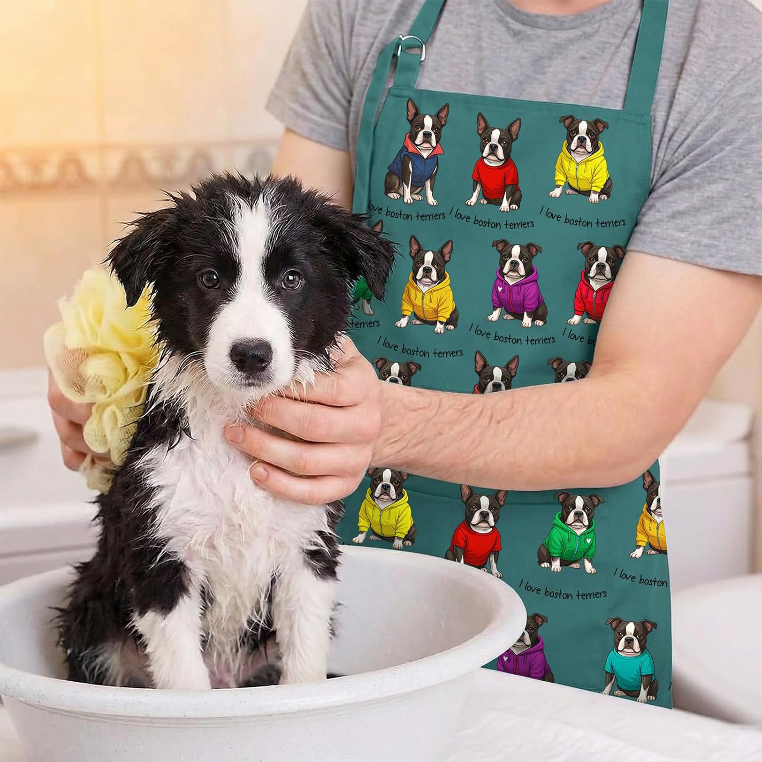 Boston Terrier Aprons for Dog Lover, Adjustable Neck Strap Kitchen Chef Apron
