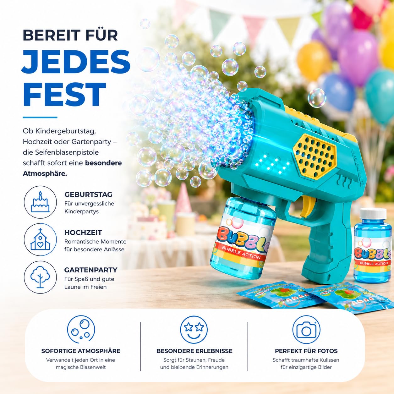 Pistola de burbujas para niños y adultos, para pompas de jabón automáticas y pistola, con depósito, máquina de burbujas de jabón para bodas y cumpleaños