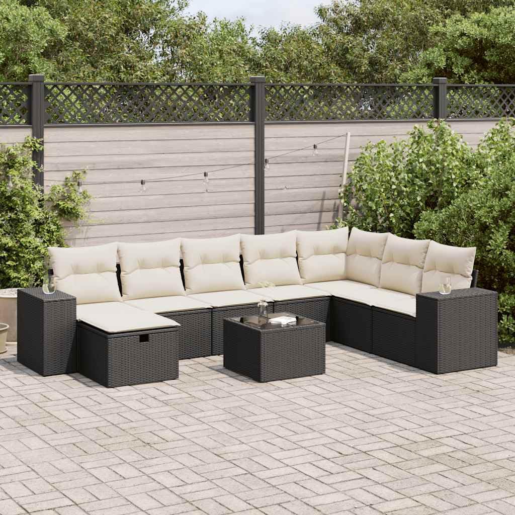 Set Divani da Giardino 9 pz con Cuscini Nero in Polyrattan Resistente all'Esterno per Terrazza, Balcone e Patio, Arredo Lounge Modulare e Impilabile per Relax, Pranzo e Conversazione