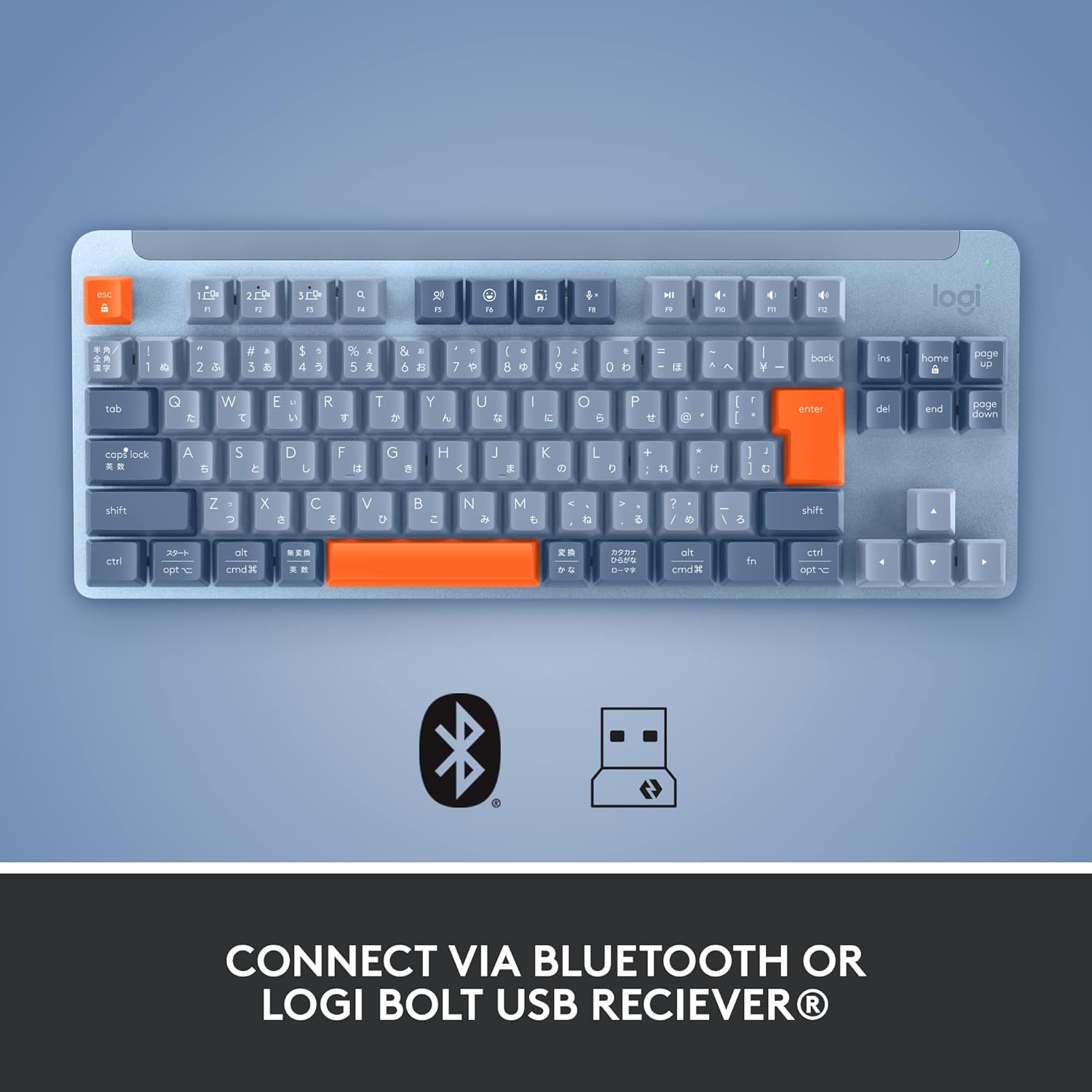 A dalt view of Logitech K855 keyboard showing Bluetooth and Logi Bolt icons