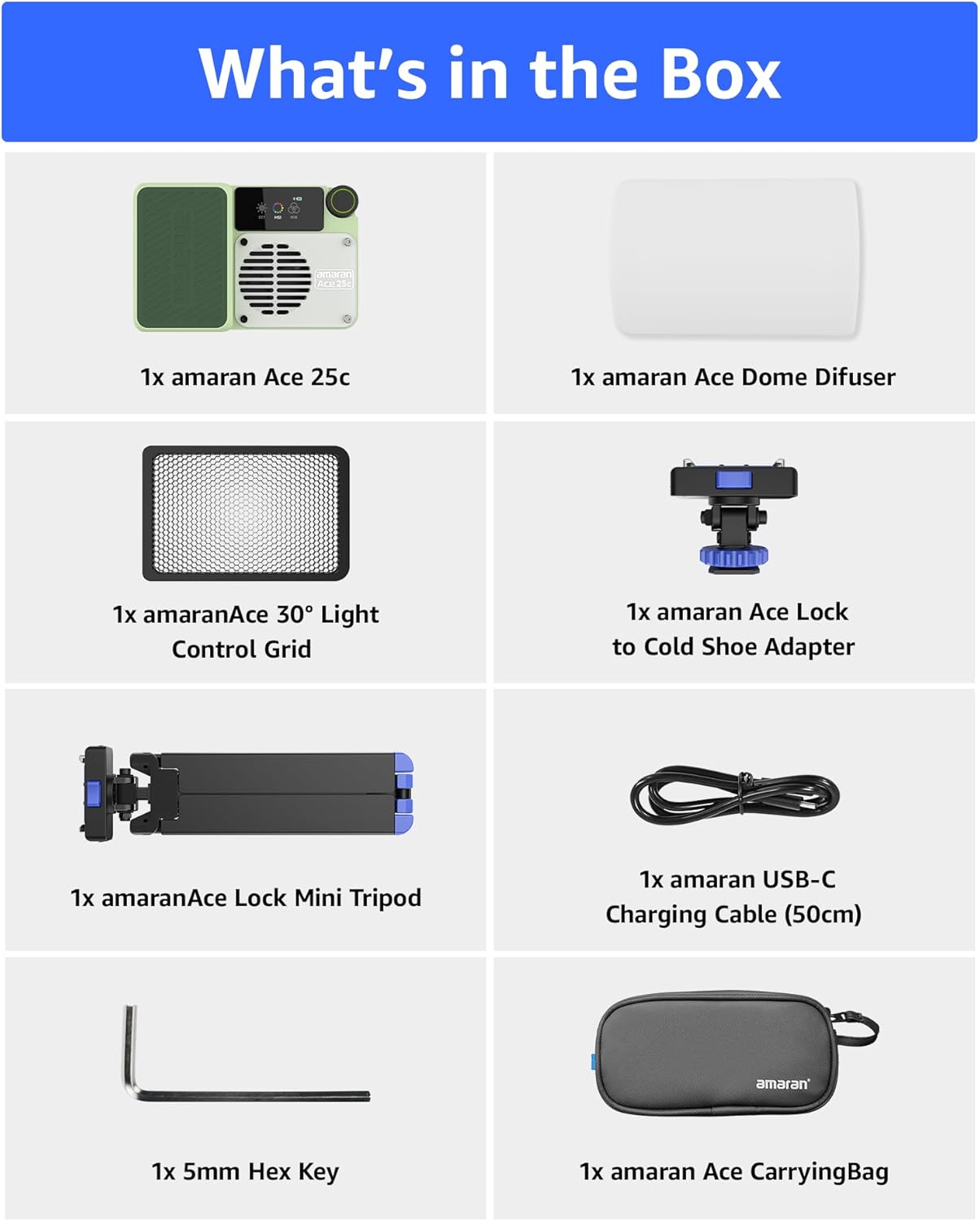 amaran Ace 25c Kit RGB Pocket LED Light,Boost Mode to 32W Mini On Camera Video Light,2300K~10000K Support Magnetic Attraction and App Control with Carrying Case,Mini Tripod,Grid (Green)