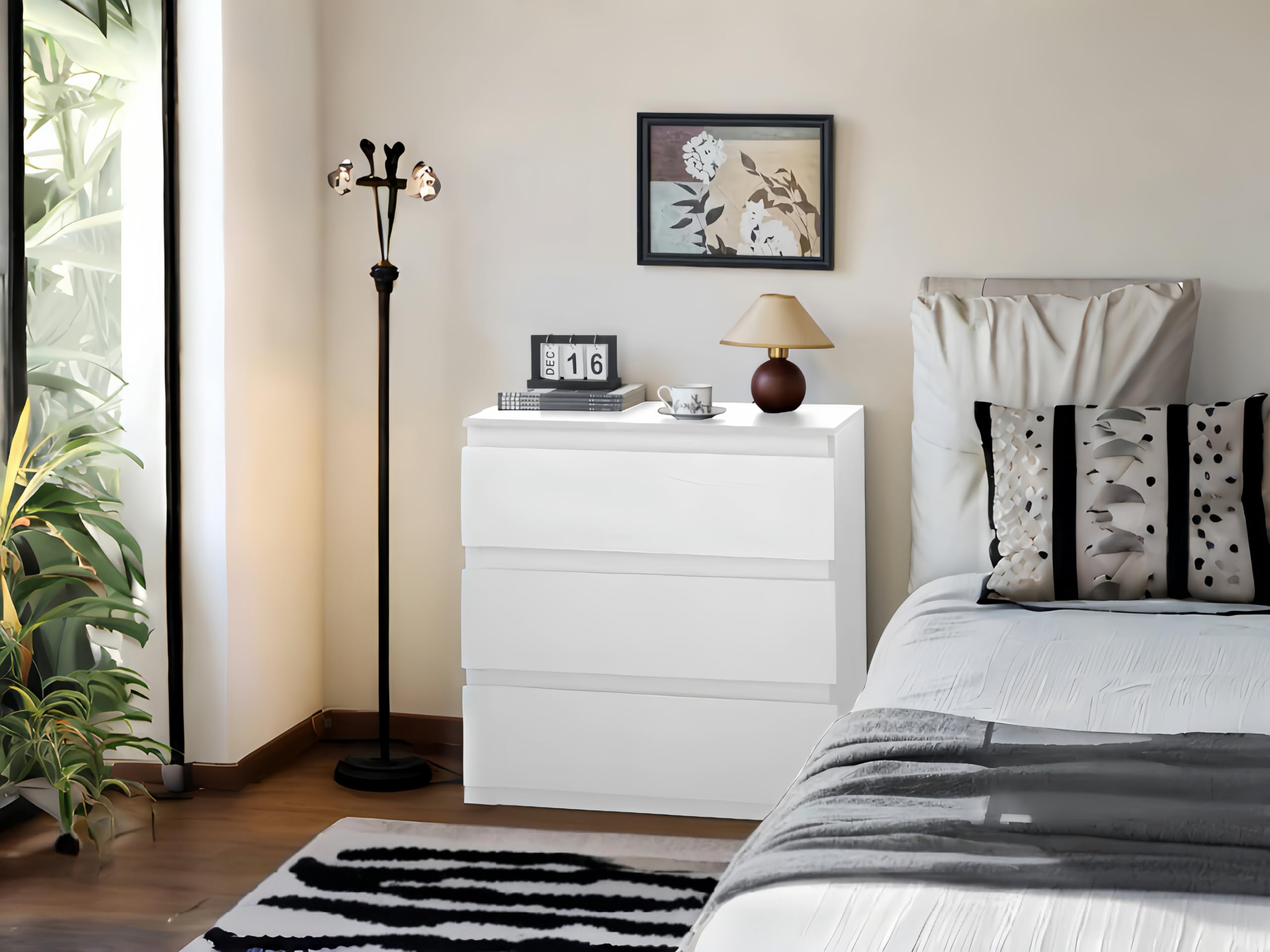 Cómoda Blanca con 3 Cajones, Cómoda y Cajonera Dormitorio Mueble de Cajonera Blanca Moderno Gavetero Alta 75 cm Almacenamiento Sinfonier para Dormitorio Salón Oficina (3 Cajones)