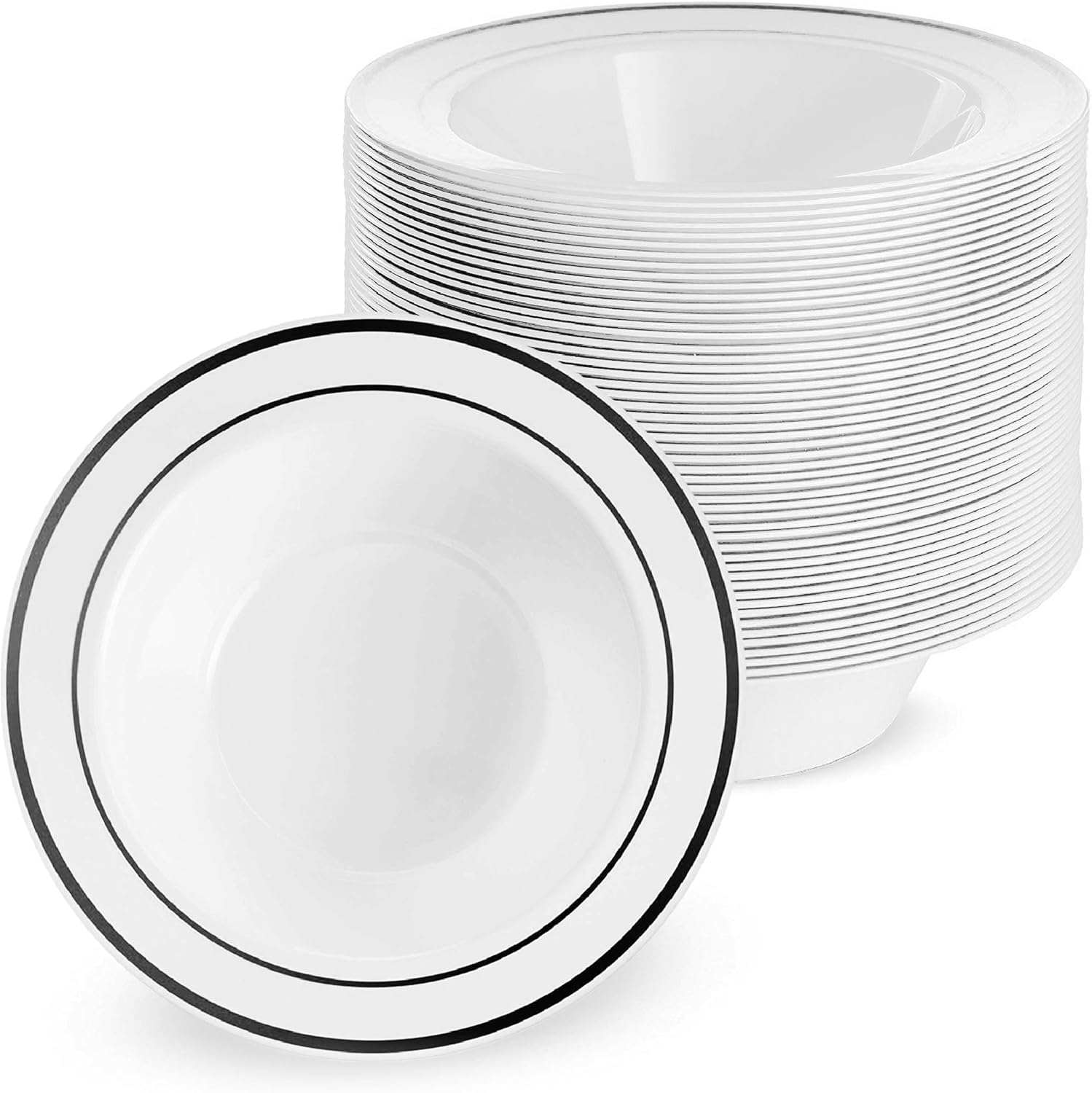 MATANA 50 Reusable White Plastic Bowls with Black Rim, 360ml – Elegant & Sturdy for Soup, Dessert, Weddings, Parties & Events