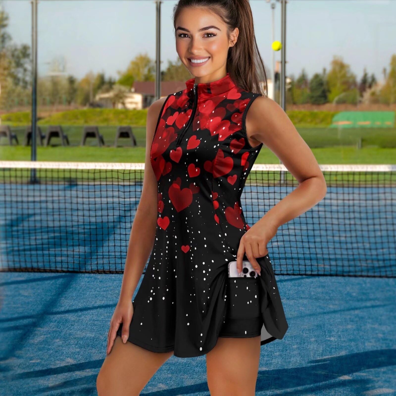 Belidome Vestido de tenis para mujer, vestidos de golf con pantalones cortos integrados, media cremallera, juego de 2 unidades