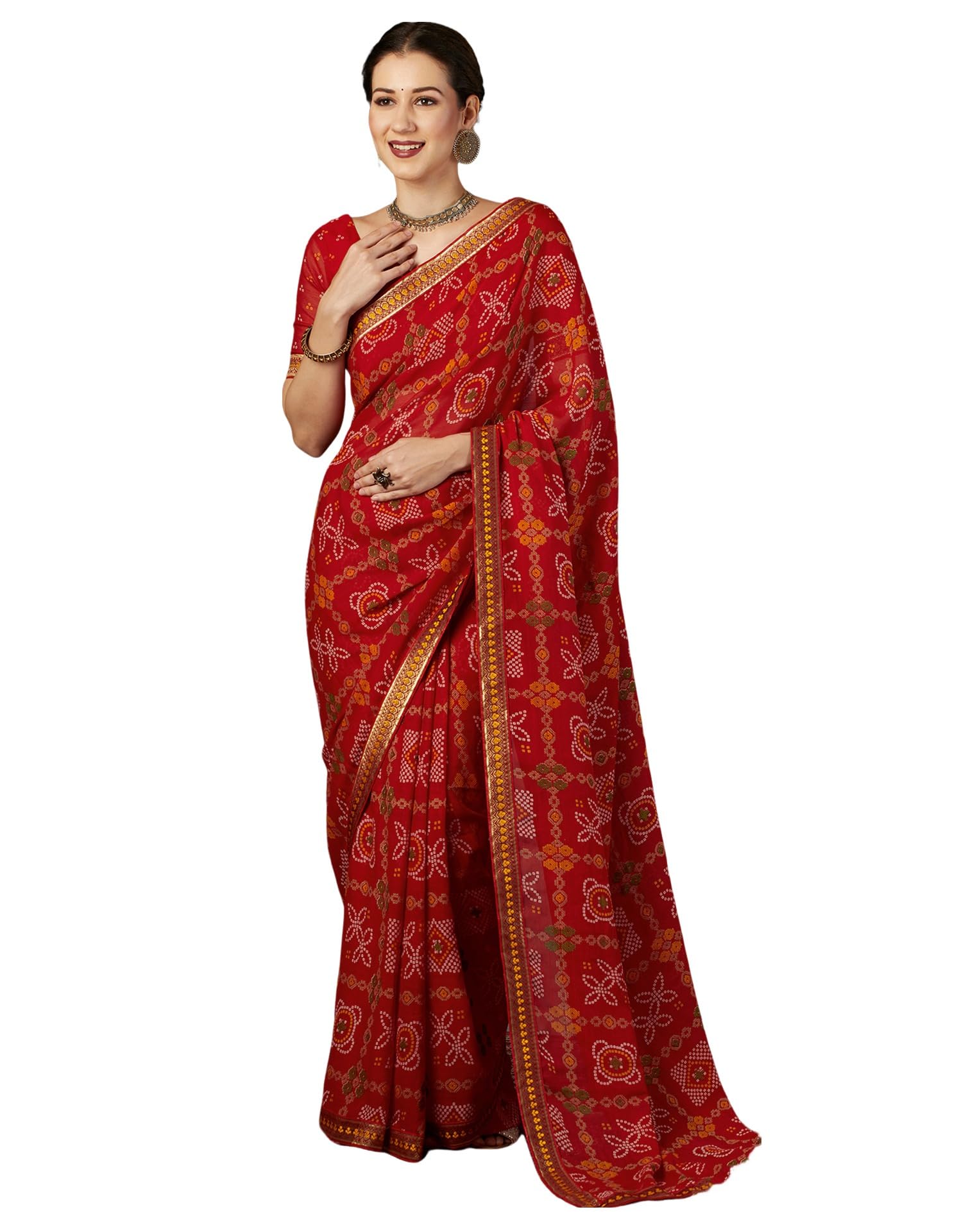 SIRILWomen's Georgette Bandhani Printed Saree With Unstitched Blouse Piece